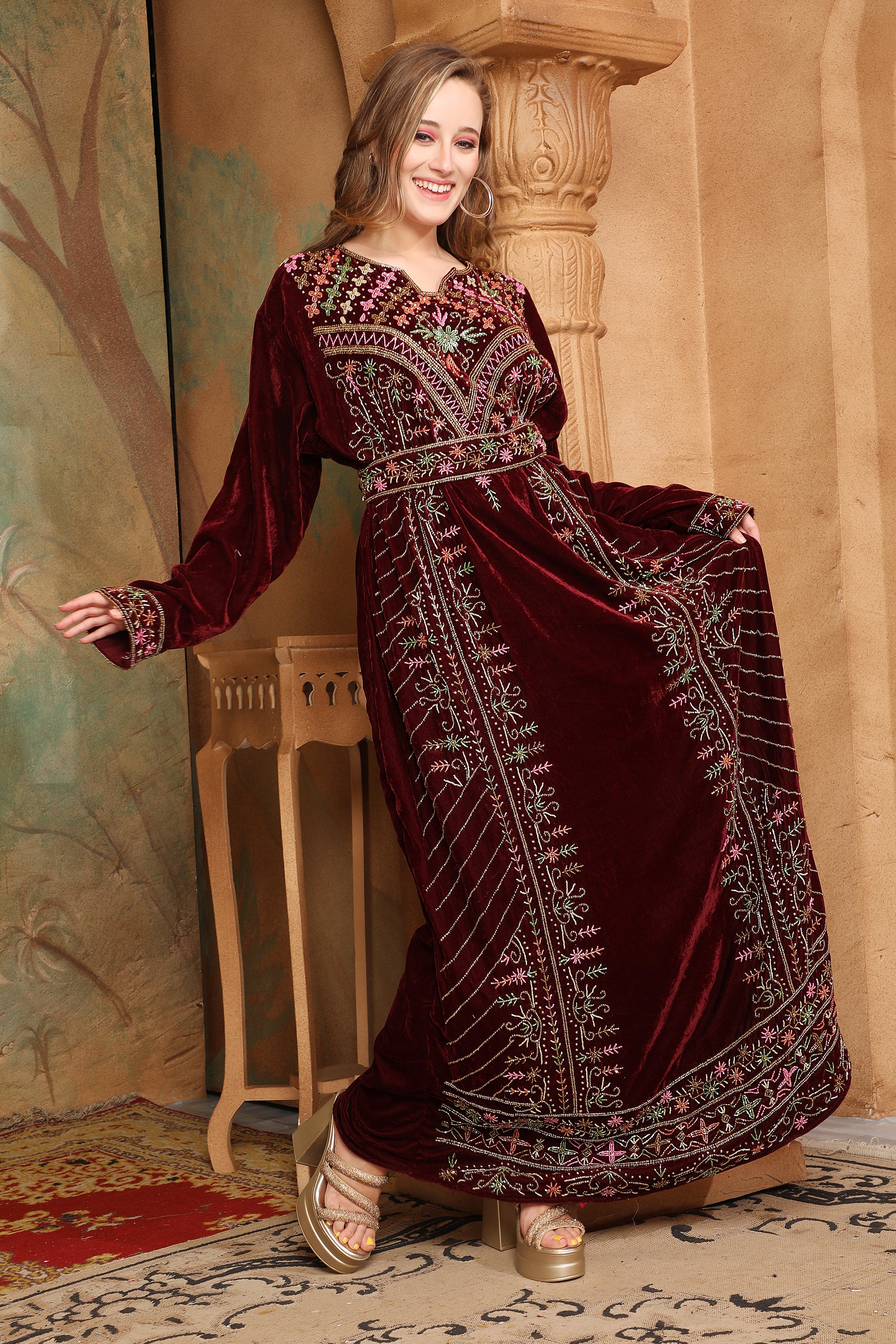 Safa Brown Velvet Embroidered Gown