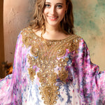 Closeup of Safiya Pink And White Printed Kaftan Dress With Hand Embroidery