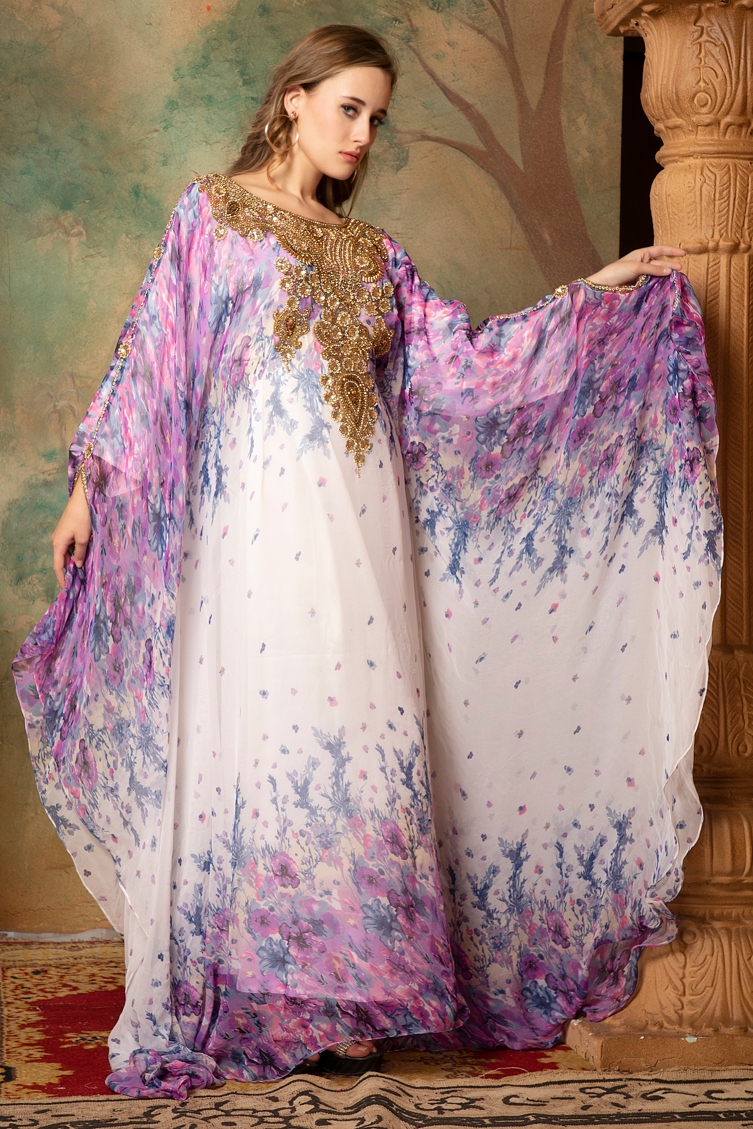 Side of Safiya Pink And White Printed Kaftan Dress With Hand Embroidery