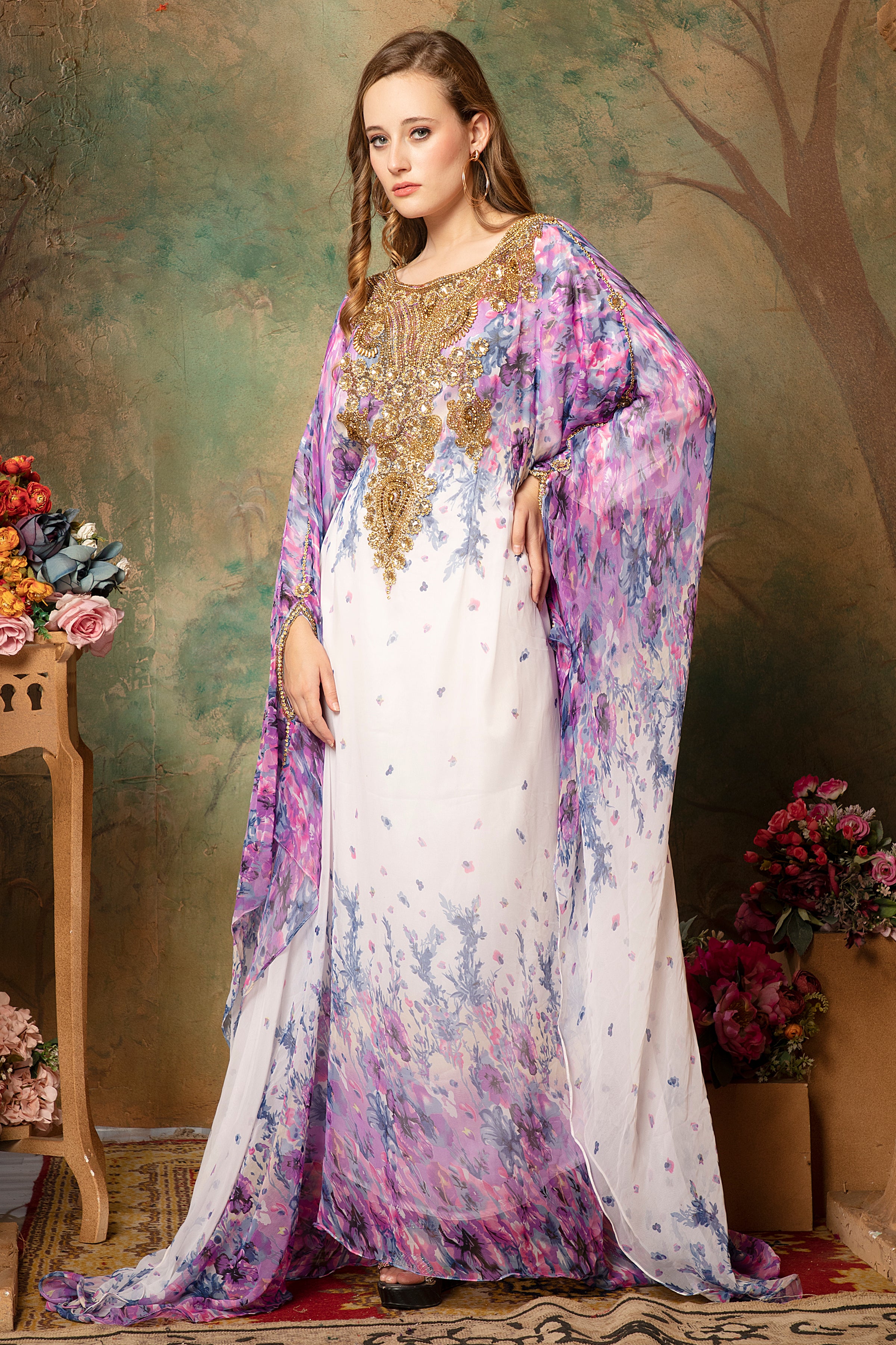 Safiya Pink And White Printed Kaftan Dress With Hand Embroidery