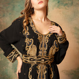 Closeup of Saliha Black Moroccan Caftan With Hand Embroidery