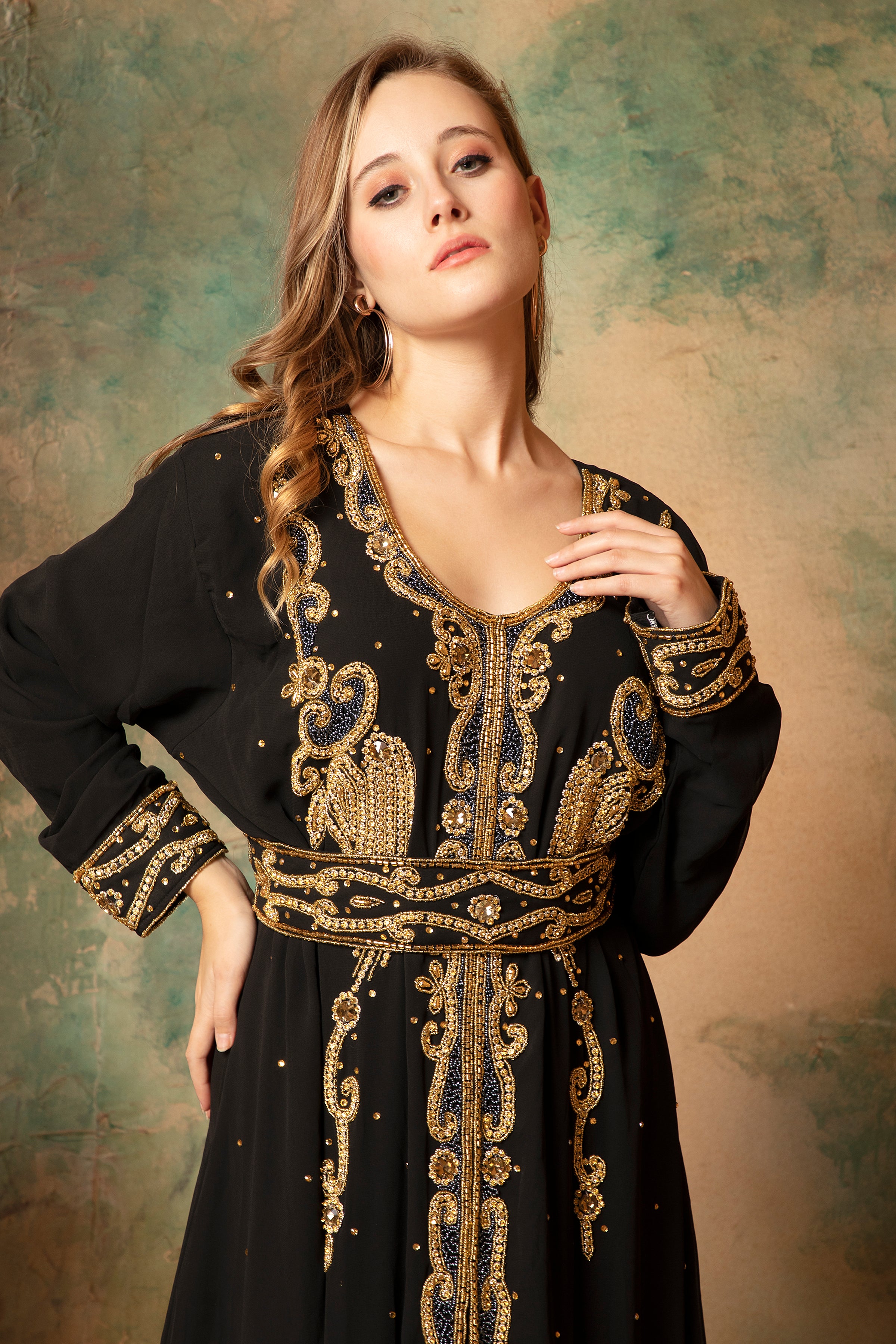 Closeup of Saliha Black Moroccan Caftan With Hand Embroidery