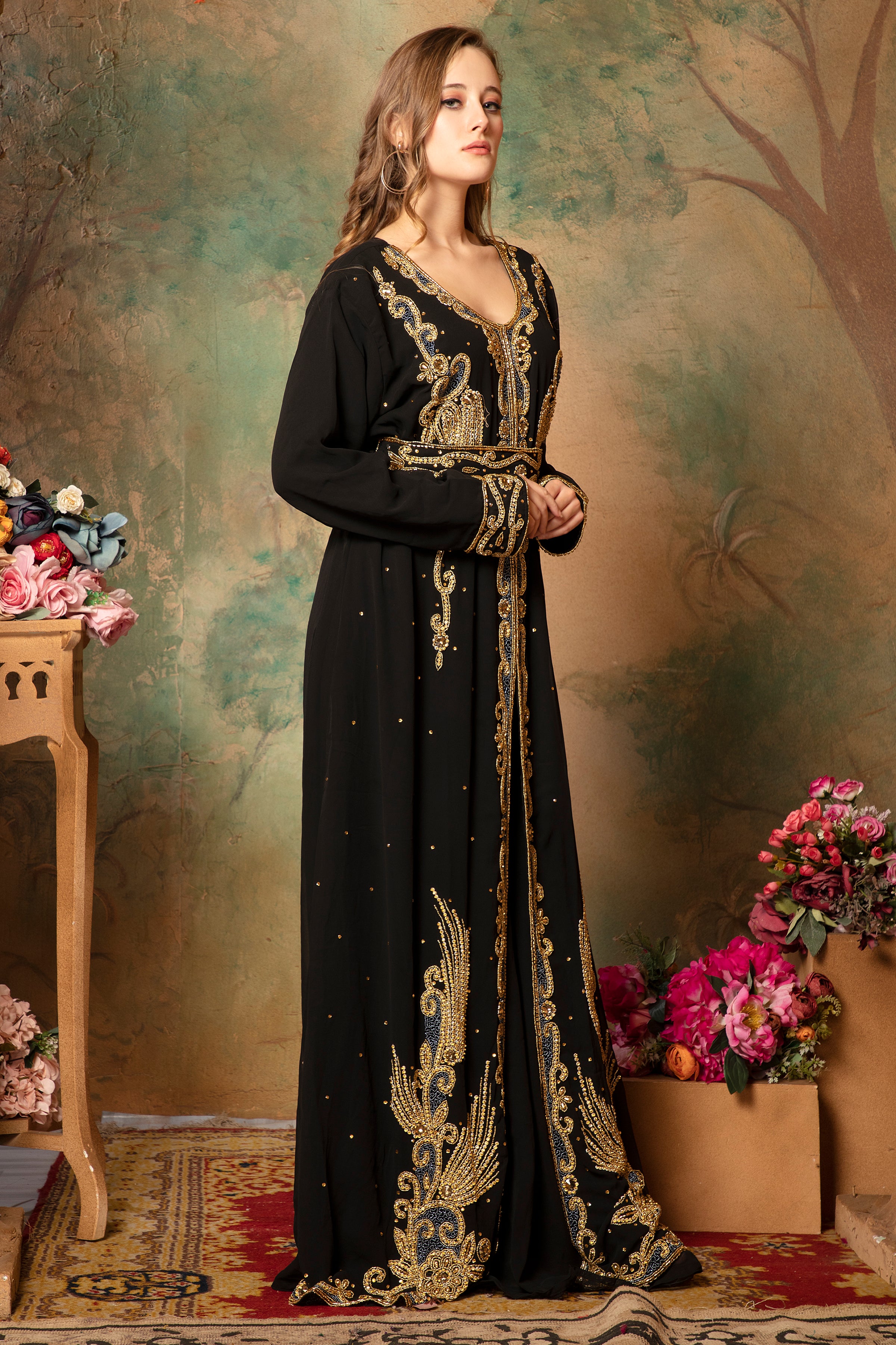 Side of Saliha Black Moroccan Caftan With Hand Embroidery