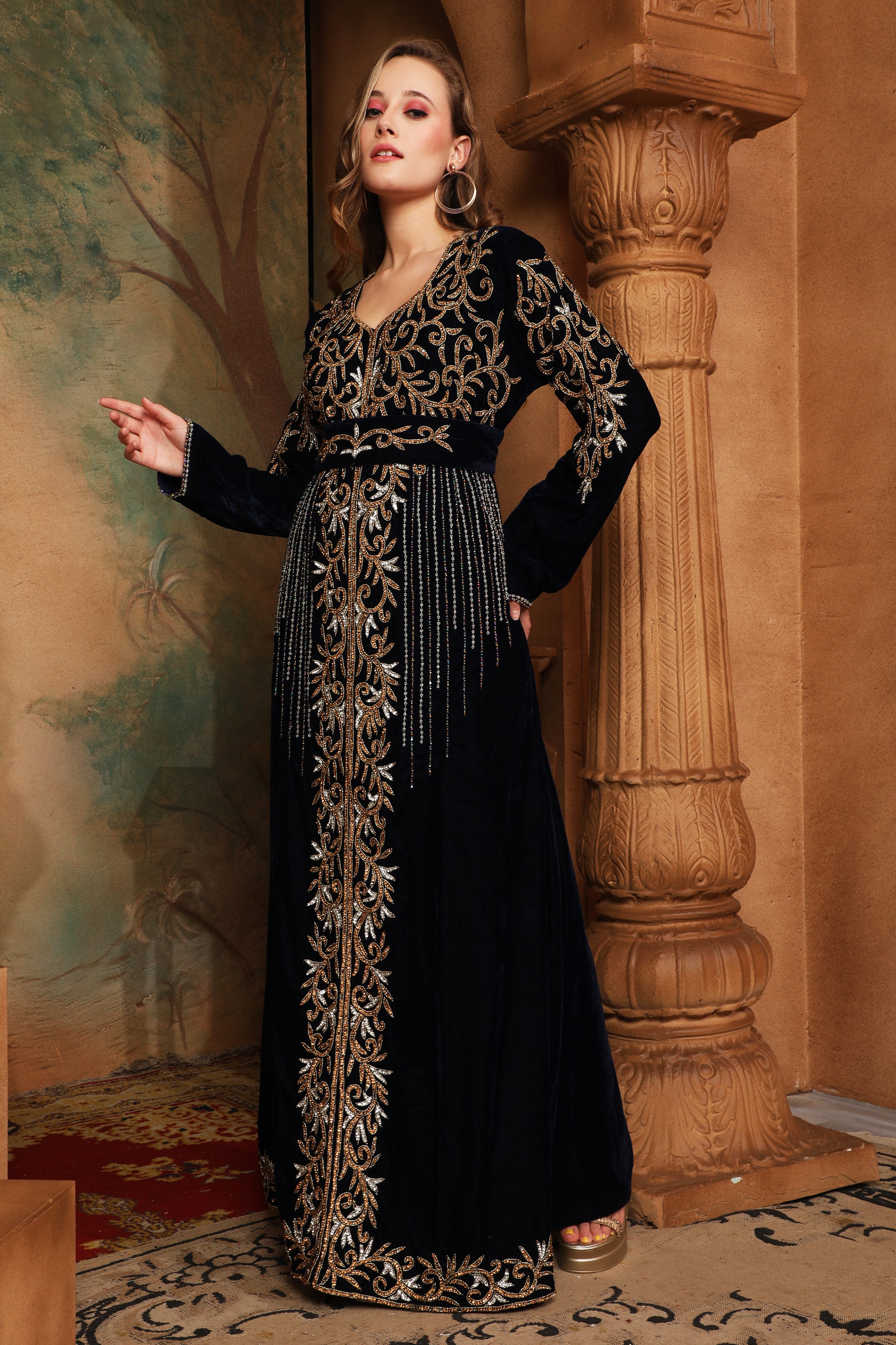 Front of Samaira Black Velvet Embroidered Gown