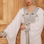 Closeup of Samar White Moroccan Caftan with Hand Embroidery