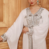 Closeup of Samar White Moroccan Caftan with Hand Embroidery