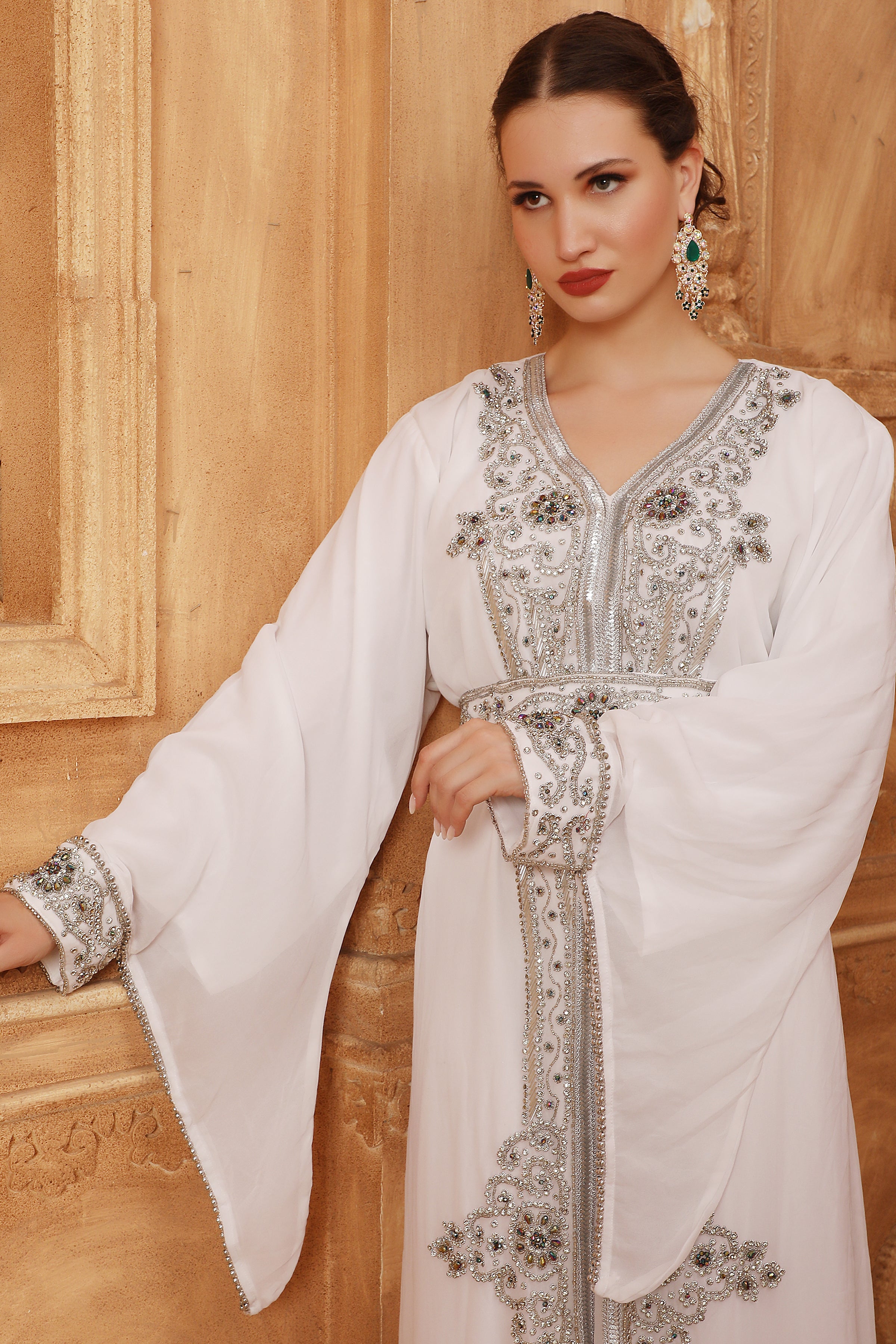 Closeup of Samar White Moroccan Caftan with Hand Embroidery