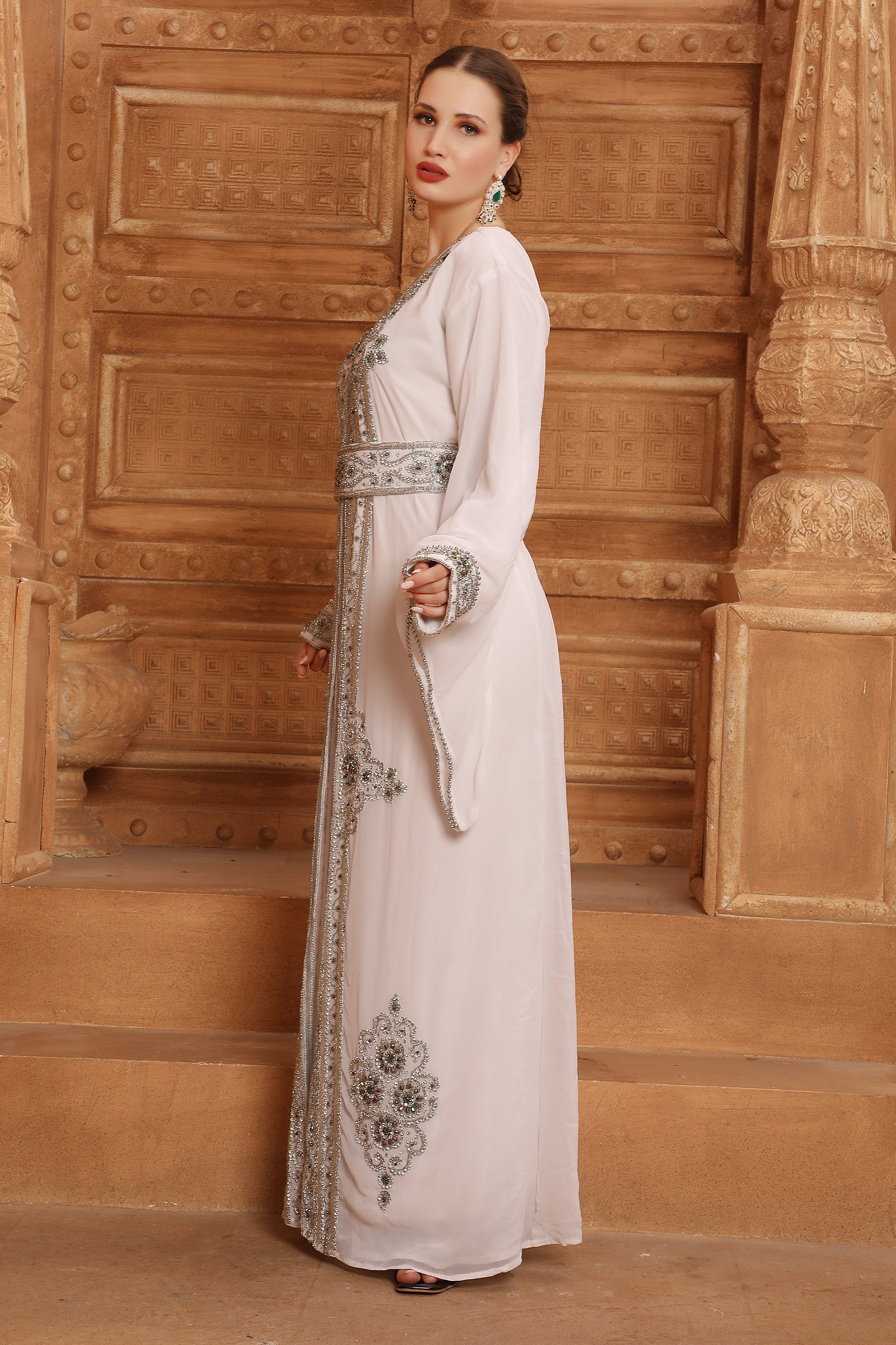 Side of Samar White Moroccan Caftan with Hand Embroidery
