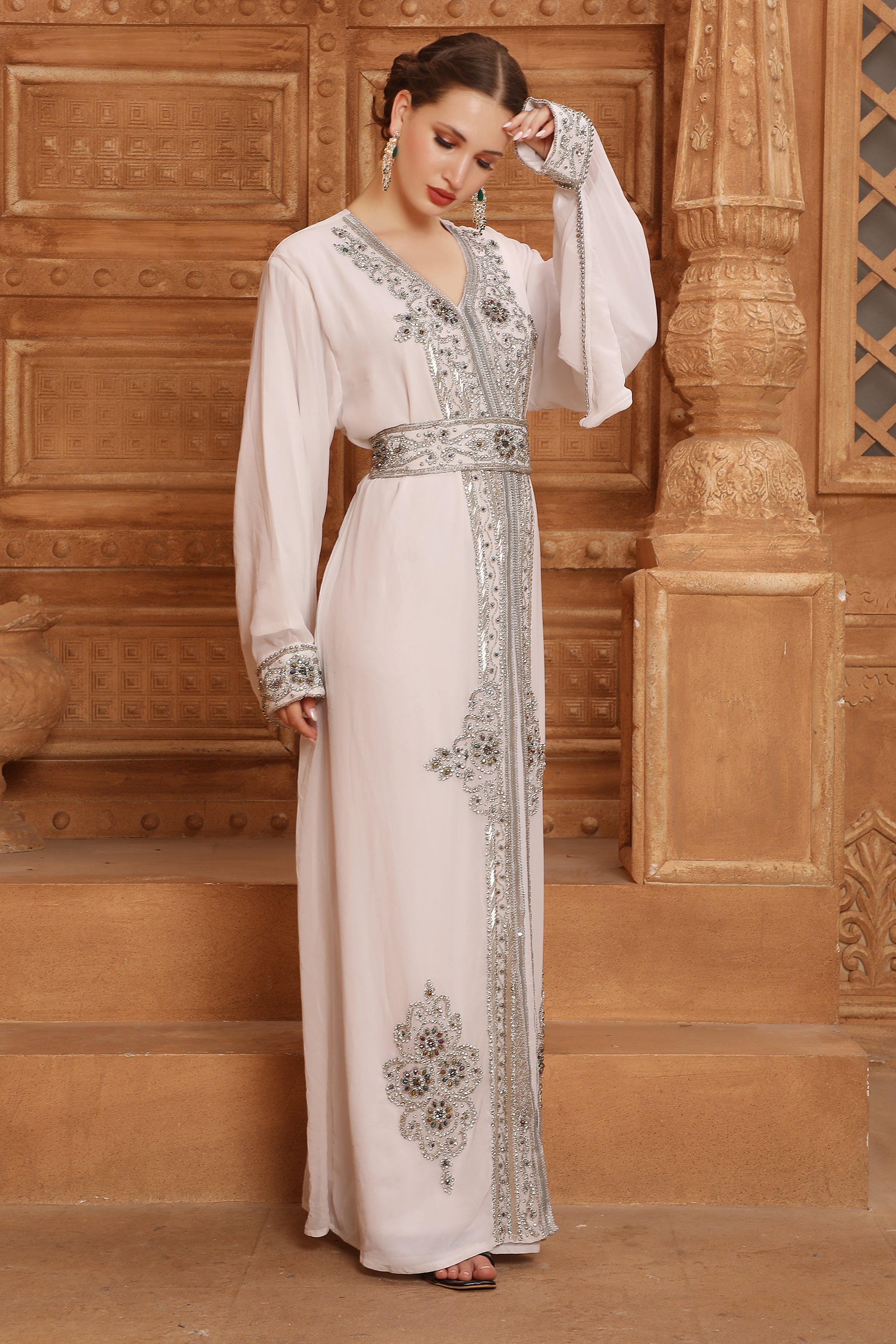 Samar White Moroccan Caftan with Hand Embroidery