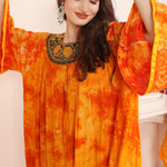 Closeup of Samiha Orange Rayon Cotton Kaftan with Lace Work