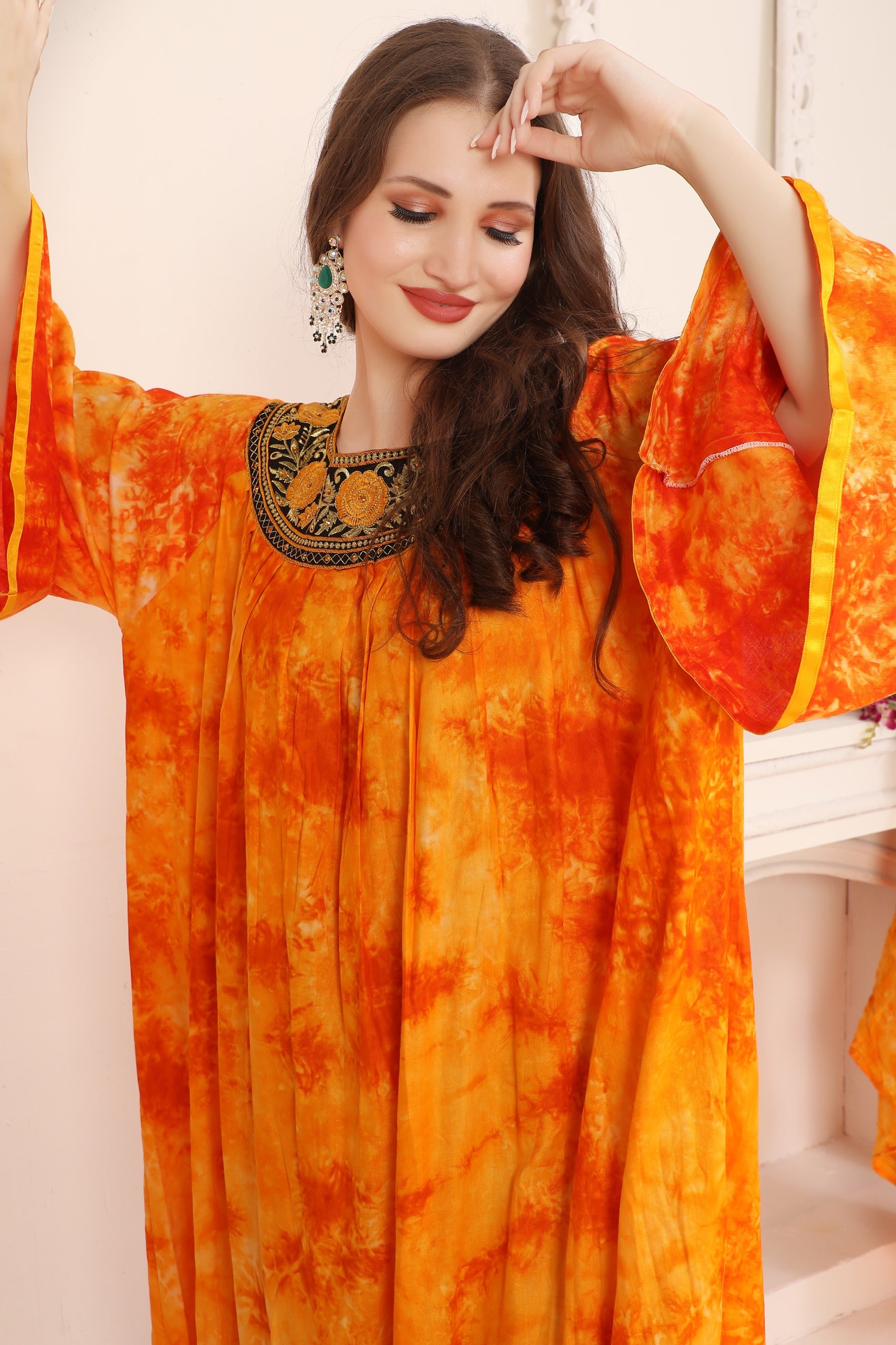 Closeup of Samiha Orange Rayon Cotton Kaftan with Lace Work