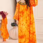 Women wearing Samiha Orange Rayon Cotton Kaftan with Lace Work