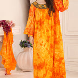 Women wearing Samiha Orange Rayon Cotton Kaftan with Lace Work