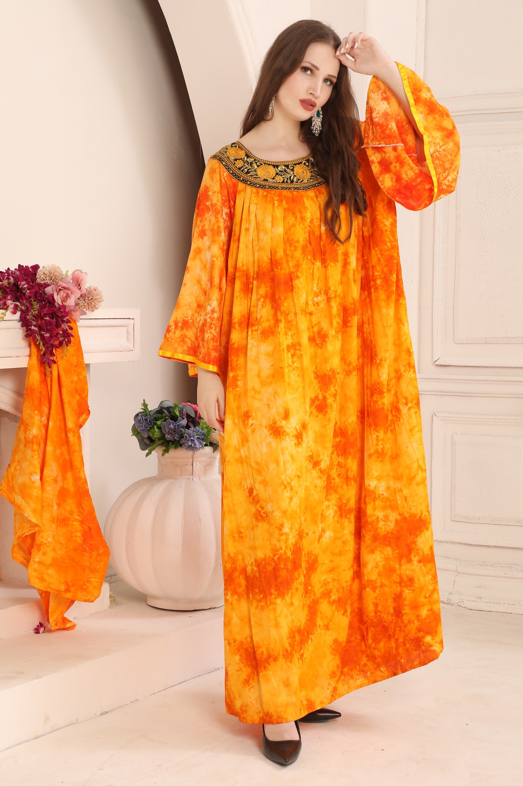 Women wearing Samiha Orange Rayon Cotton Kaftan with Lace Work