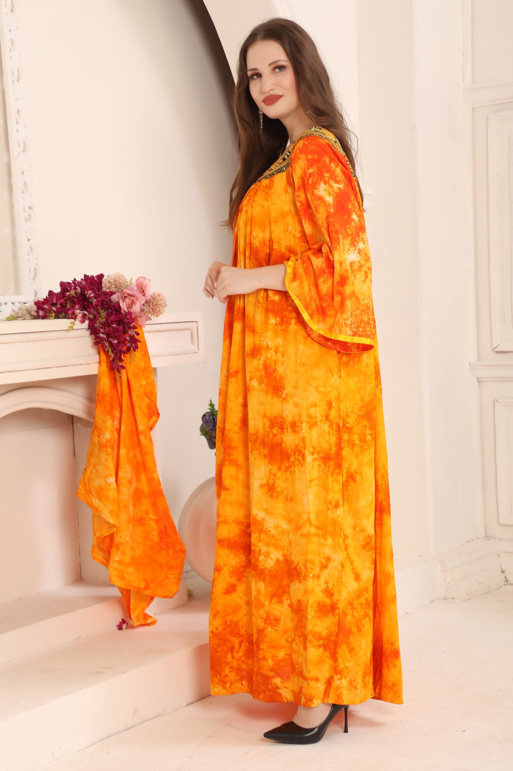 Side of Samiha Orange Rayon Cotton Kaftan with Lace Work