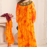 Back of Samiha Orange Rayon Cotton Kaftan with Lace Work