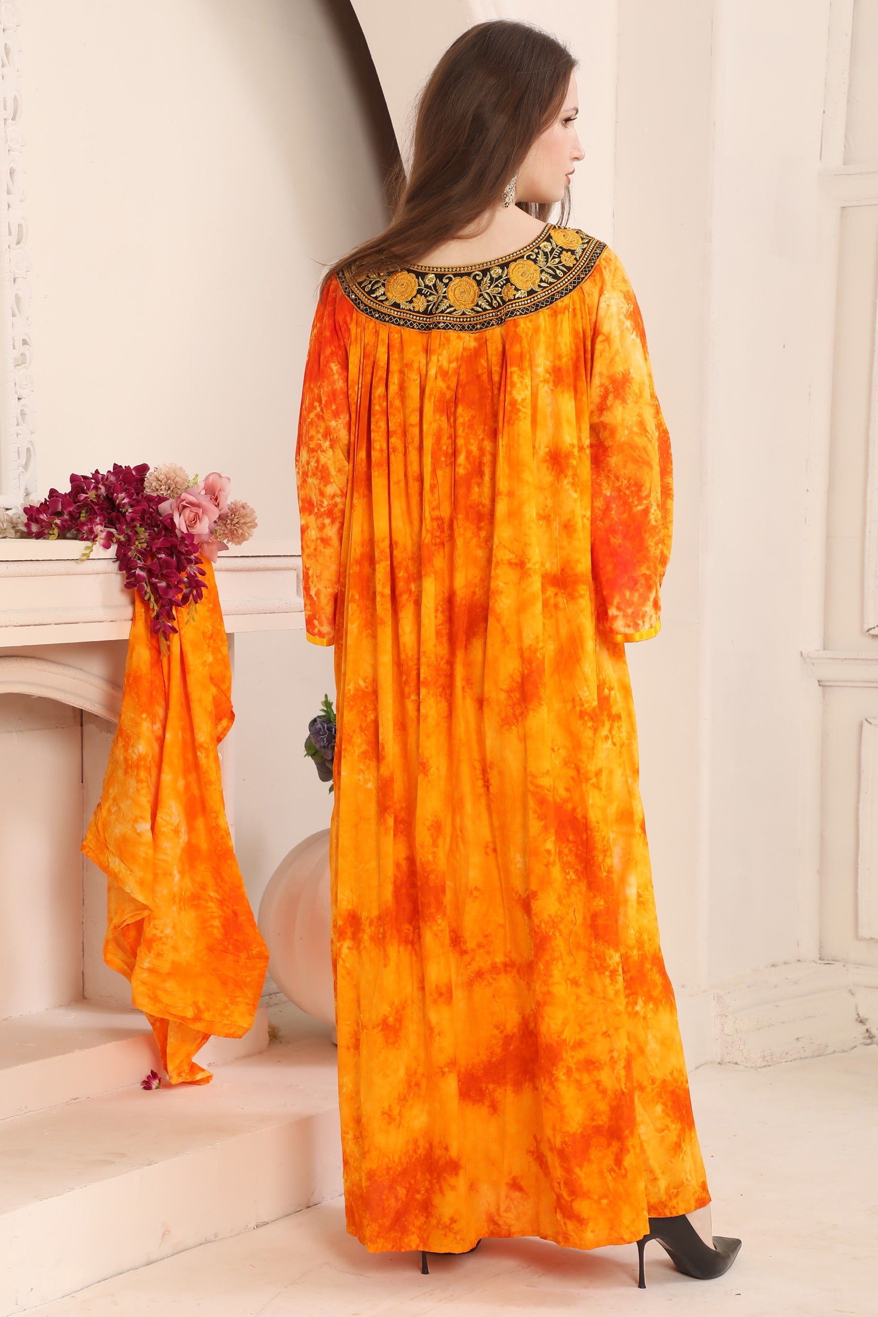 Back of Samiha Orange Rayon Cotton Kaftan with Lace Work