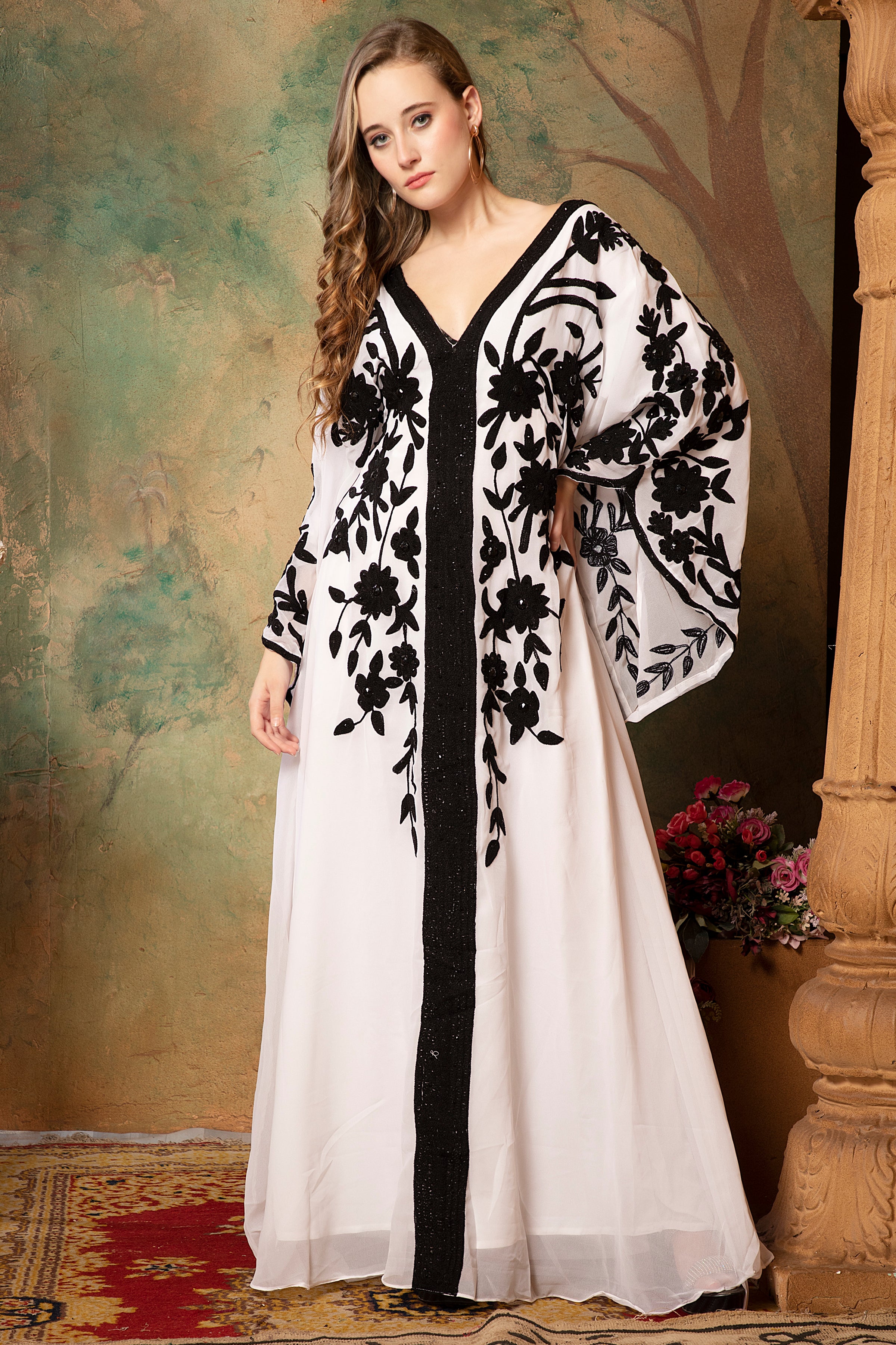 Front of Sana White And Black Farasha Stylish Aari Dress With Hand Embroidery