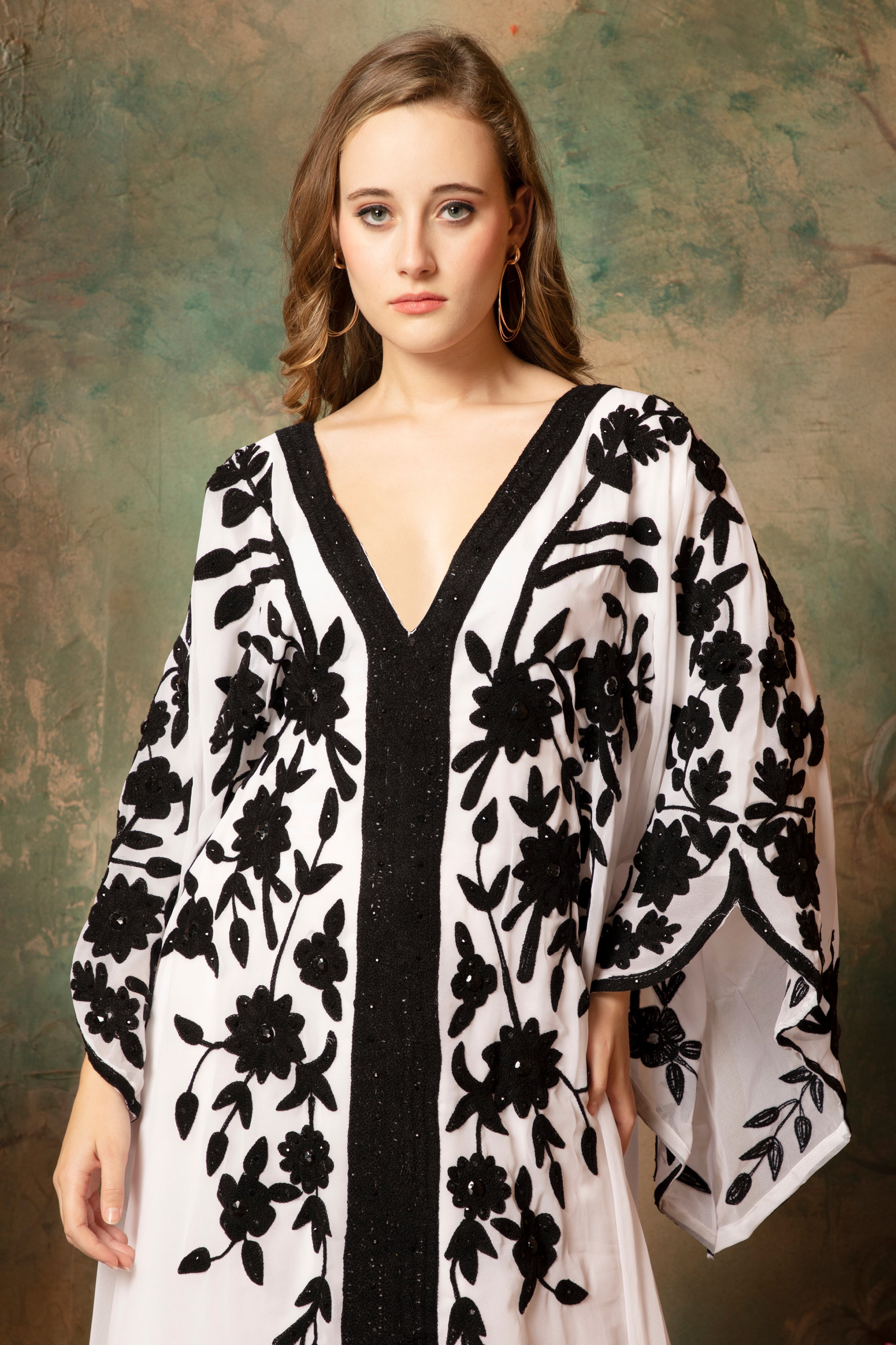 Closeup of Sana White And Black Farasha Stylish Aari Dress With Hand Embroidery