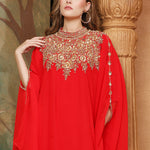 Closeup of Sarah Red Farasha Kaftan With Hand Embroidery