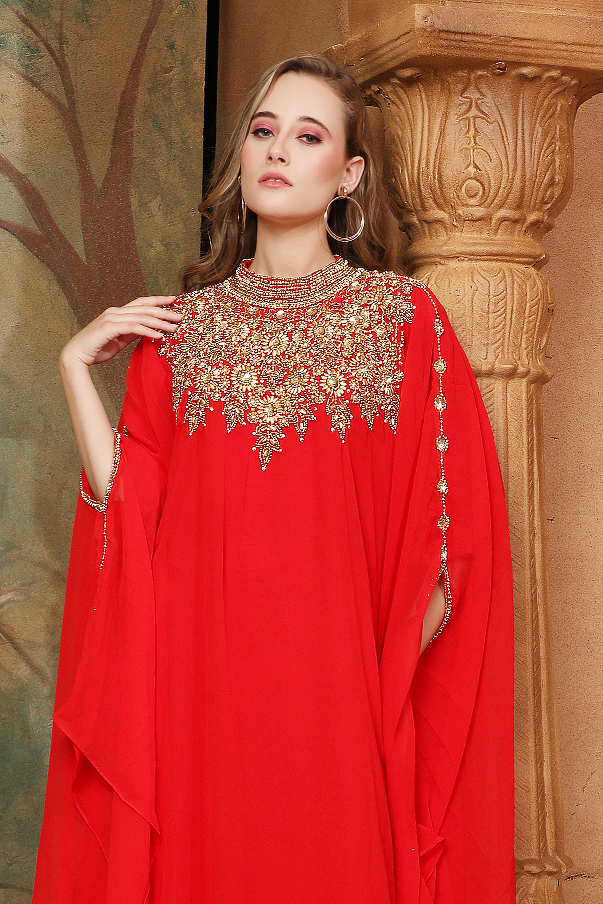 Closeup of Sarah Red Farasha Kaftan With Hand Embroidery