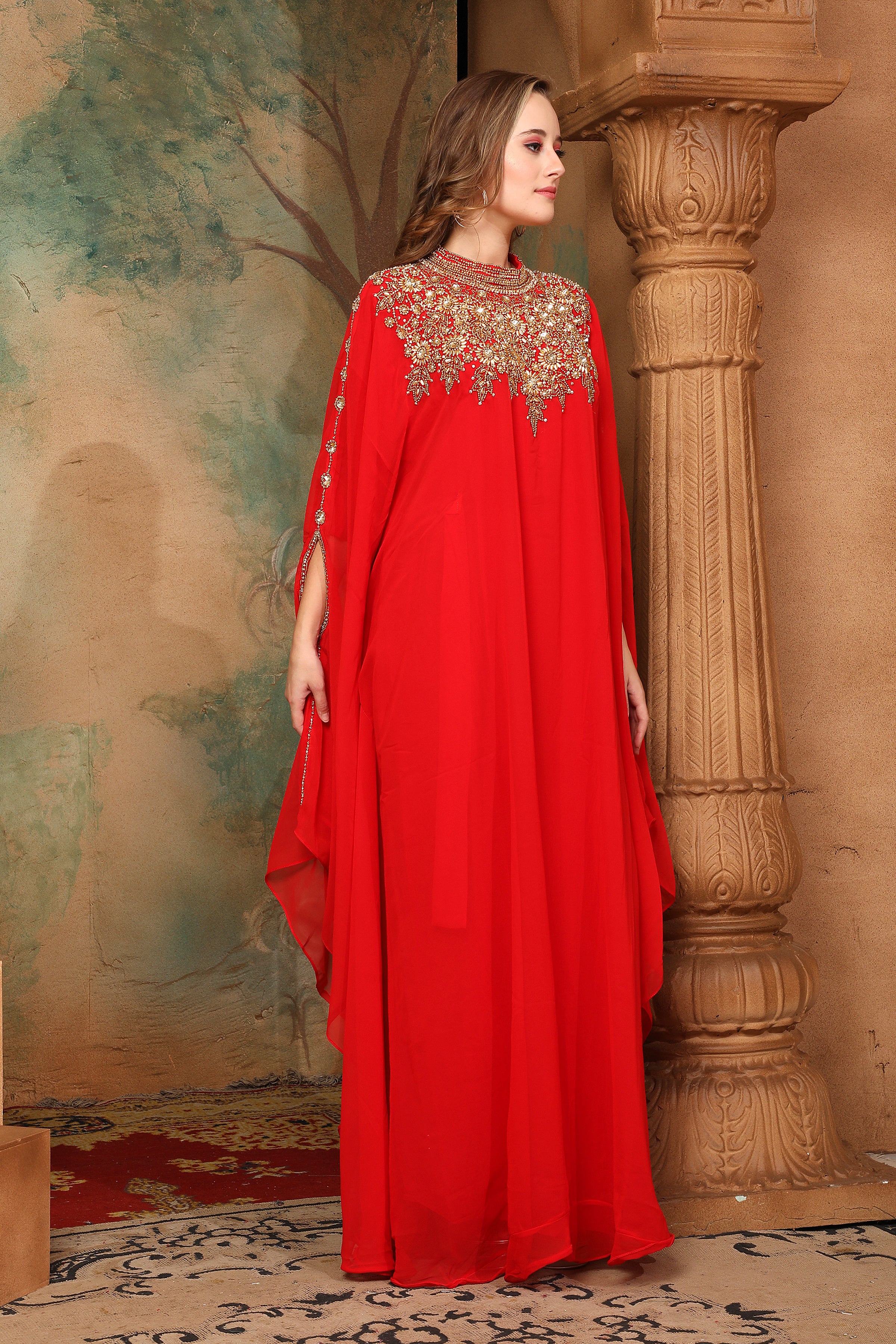 Side of Sarah Red Farasha Kaftan With Hand Embroidery