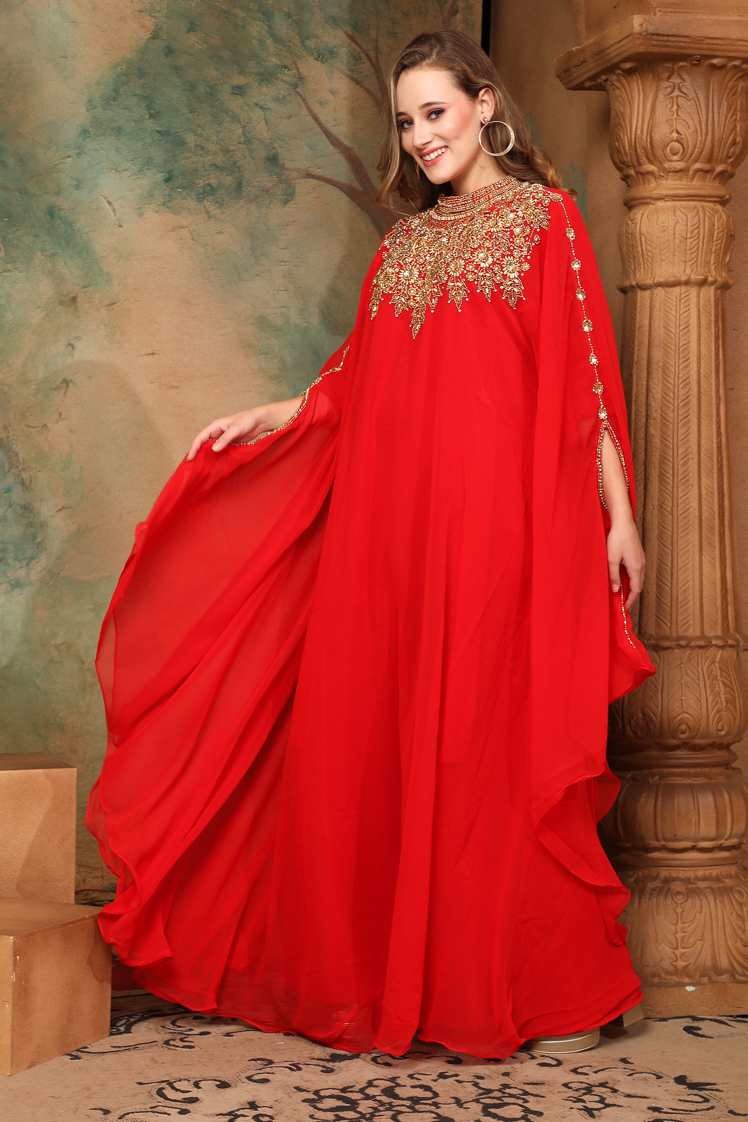 Side of Sarah Red Farasha Kaftan With Hand Embroidery