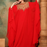 Closeup of Sarah Red Farasha Kaftan With Hand Embroidery