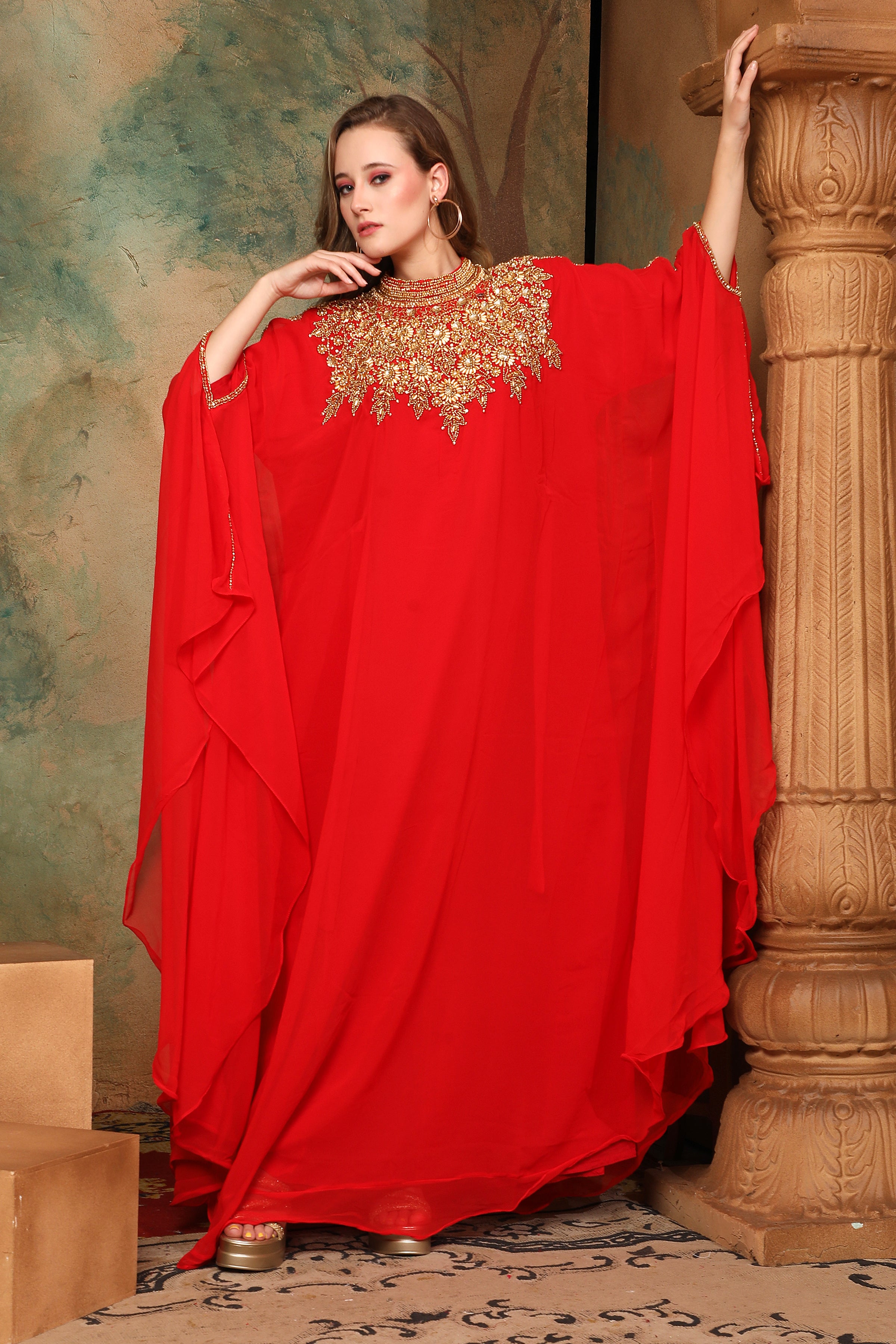 Closeup of Sarah Red Farasha Kaftan With Hand Embroidery