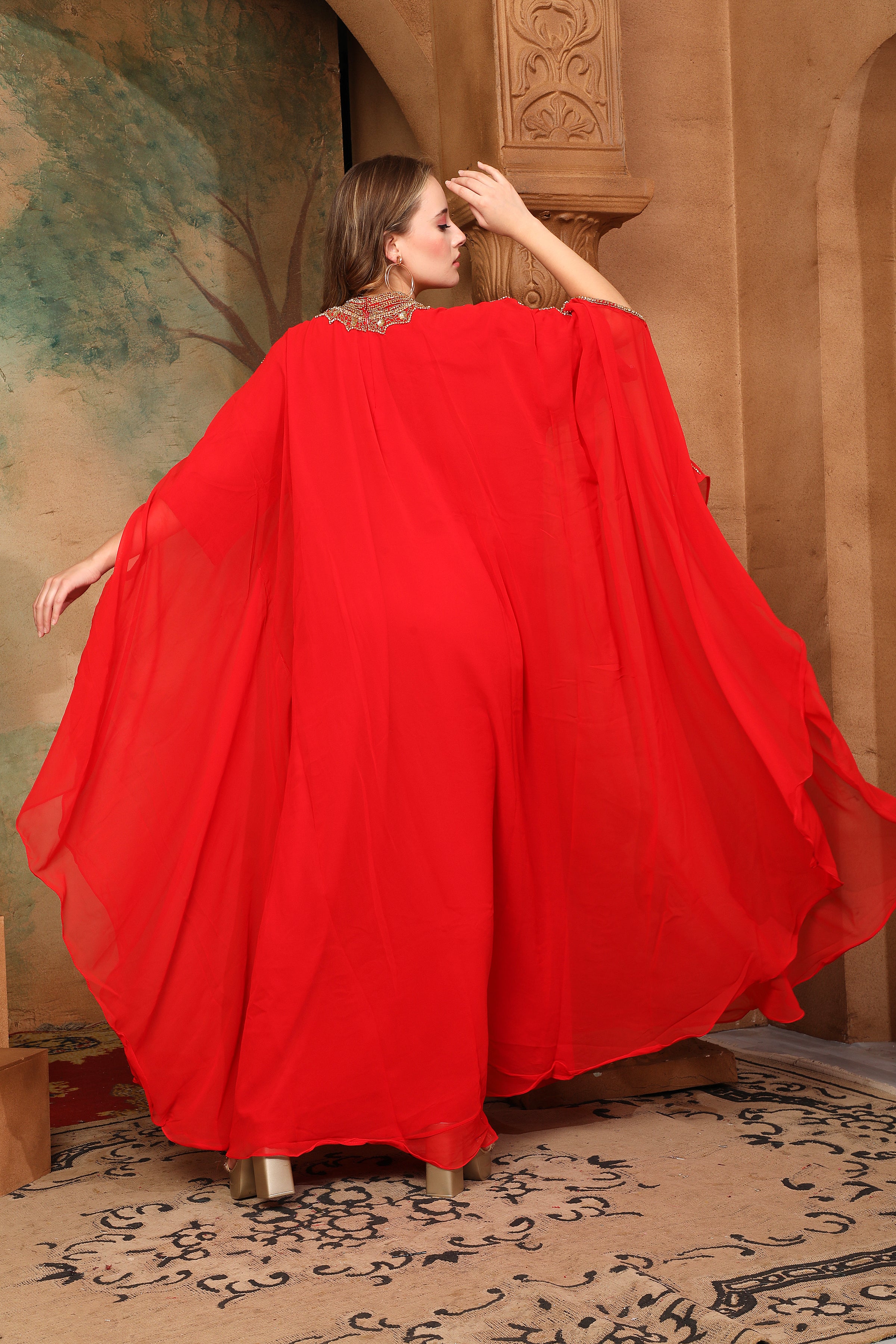 Back of Sarah Red Farasha Kaftan With Hand Embroidery