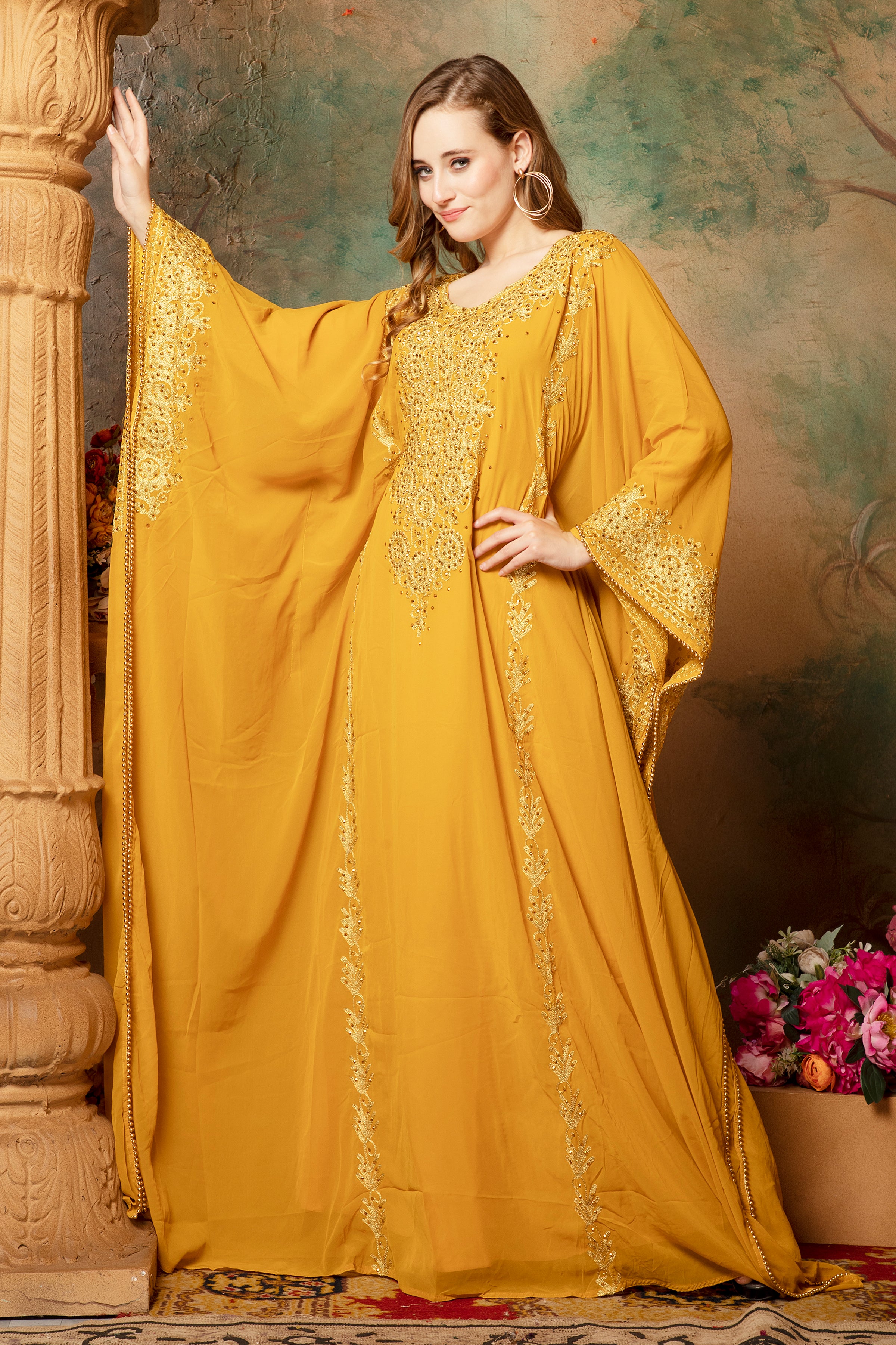 Front of Selima Yellow Farasha Stylish Aari Dress With Hand Embroidery