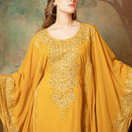 Closeup of Selima Yellow Farasha Stylish Aari Dress With Hand Embroidery