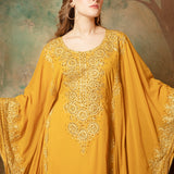 Closeup of Selima Yellow Farasha Stylish Aari Dress With Hand Embroidery