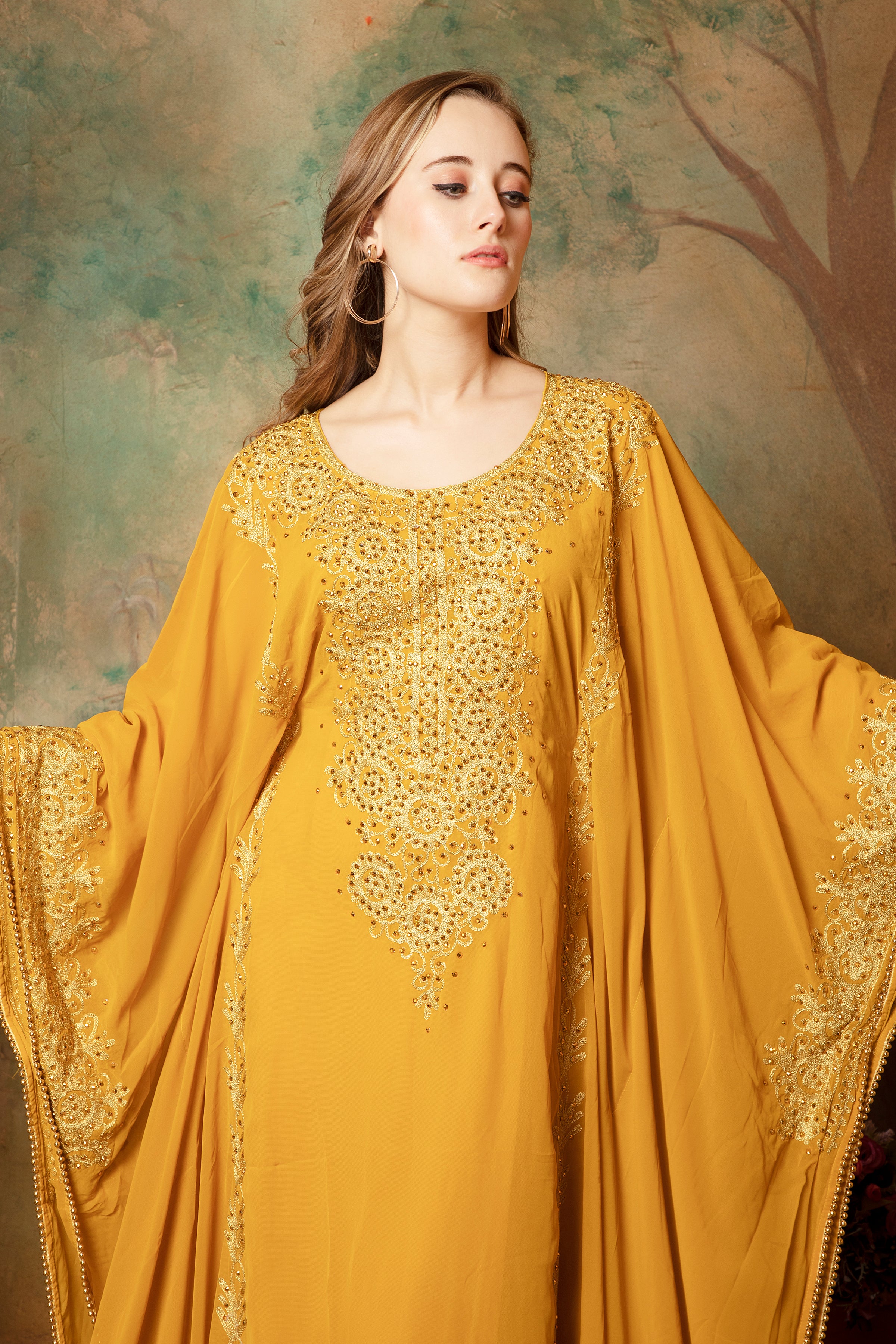 Closeup of Selima Yellow Farasha Stylish Aari Dress With Hand Embroidery