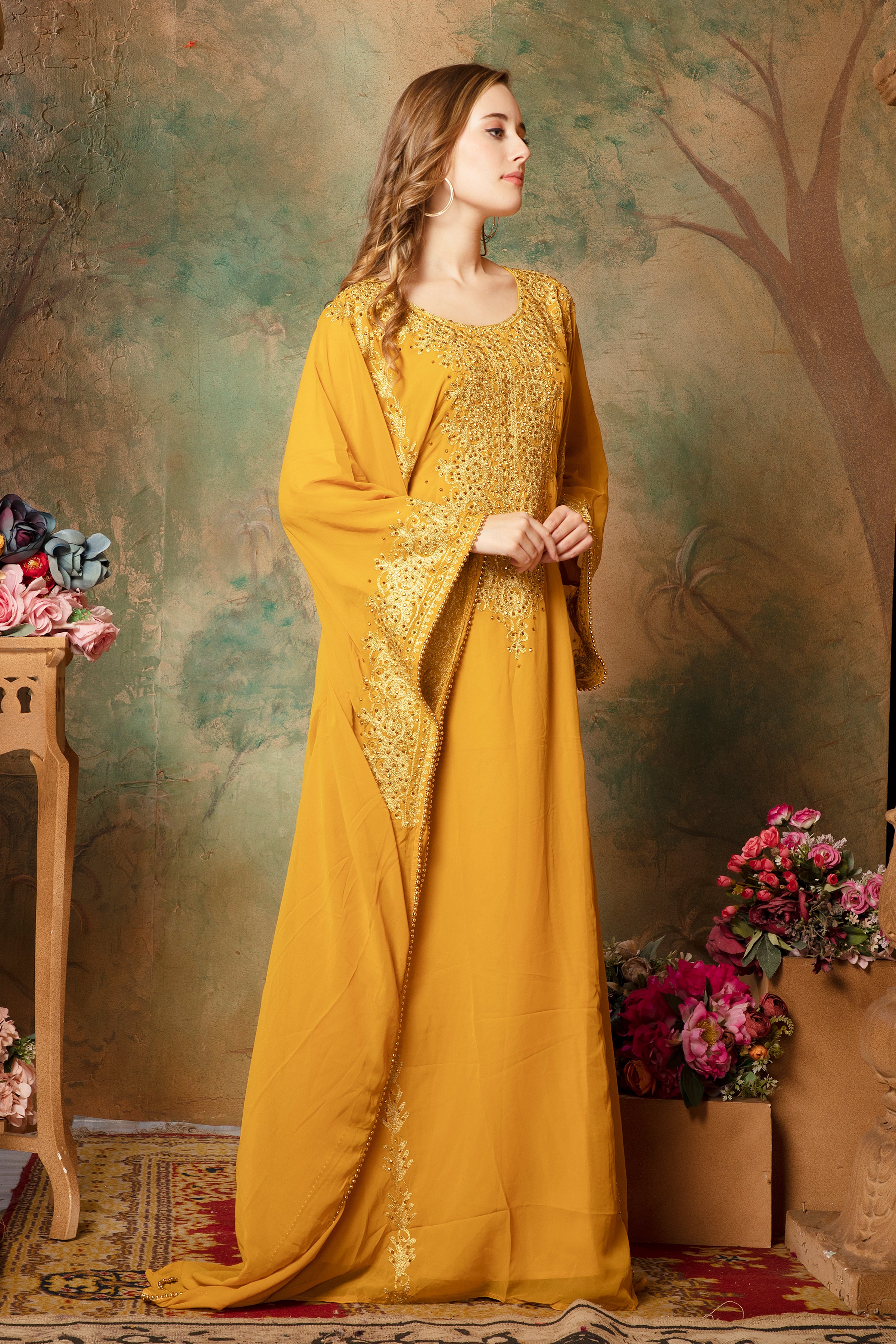 Side of Selima Yellow Farasha Stylish Aari Dress With Hand Embroidery