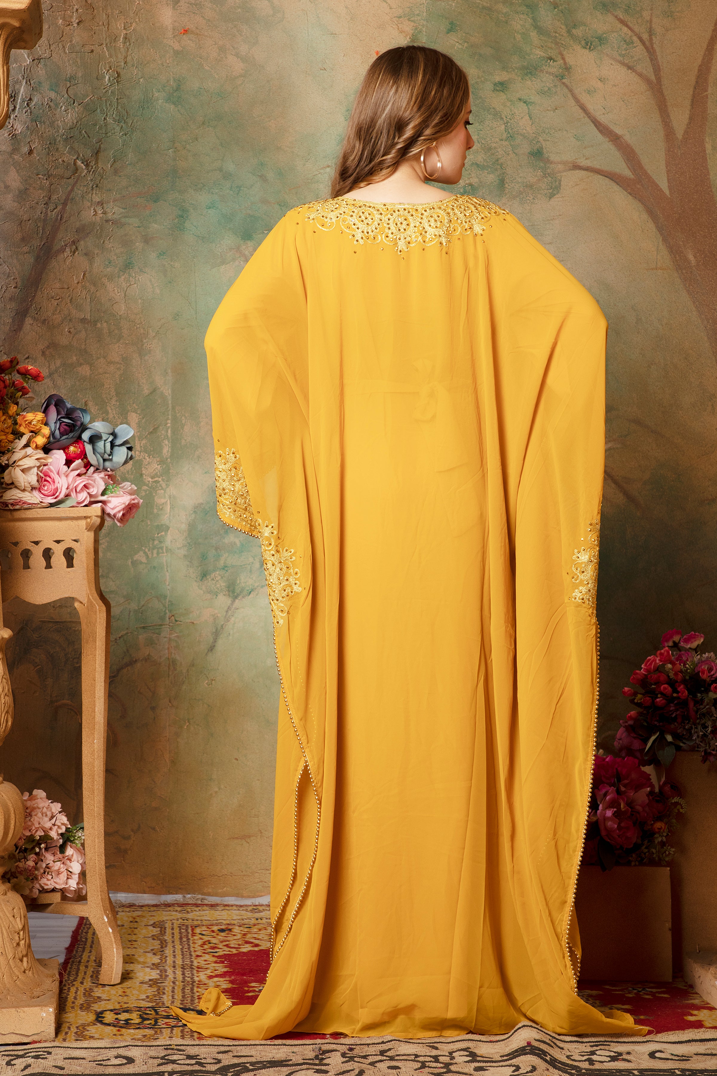 Back of Selima Yellow Farasha Stylish Aari Dress With Hand Embroidery