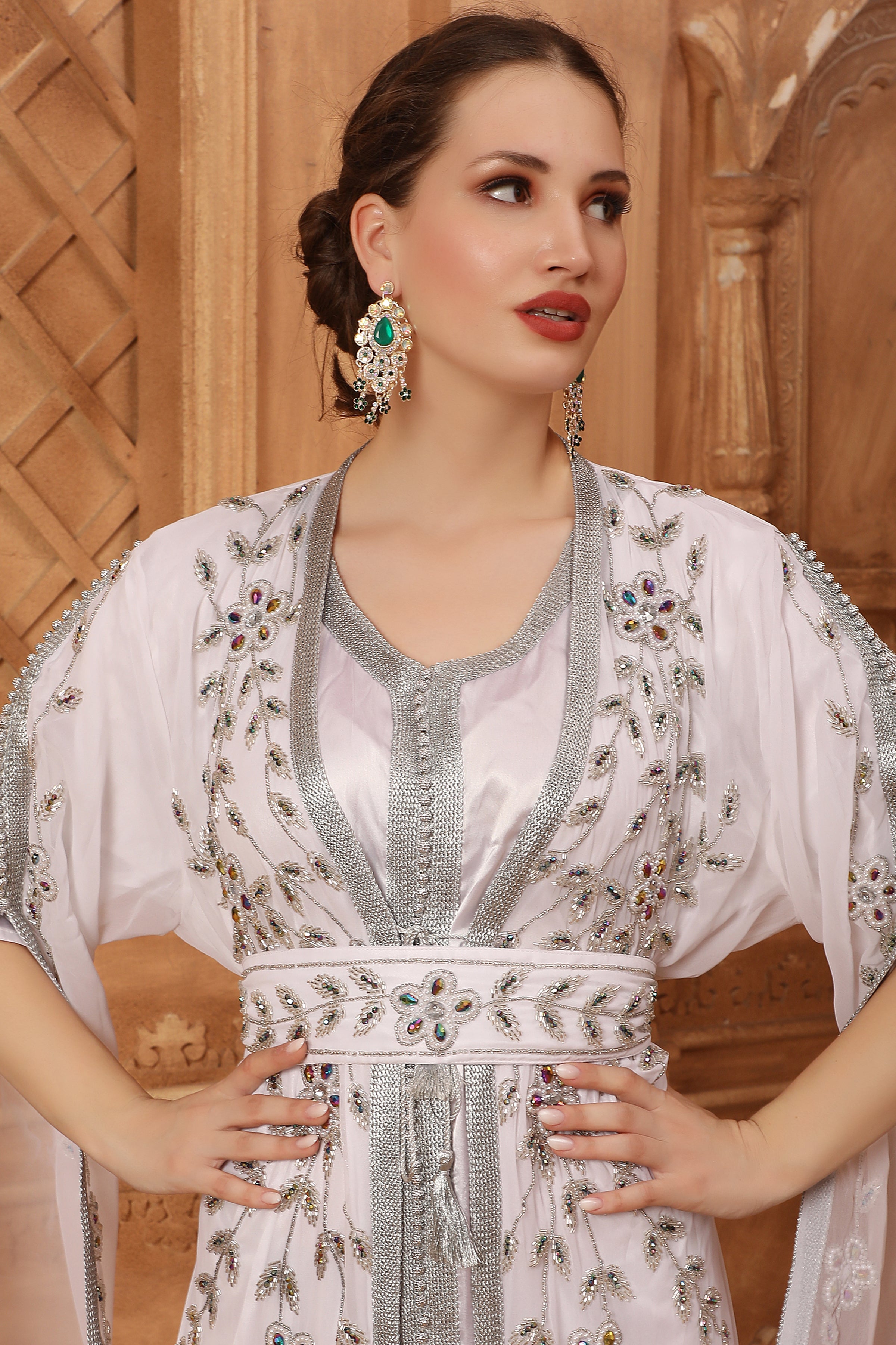 Closeup of Shifa Pink Moroccan Caftan With Hand Embroidery