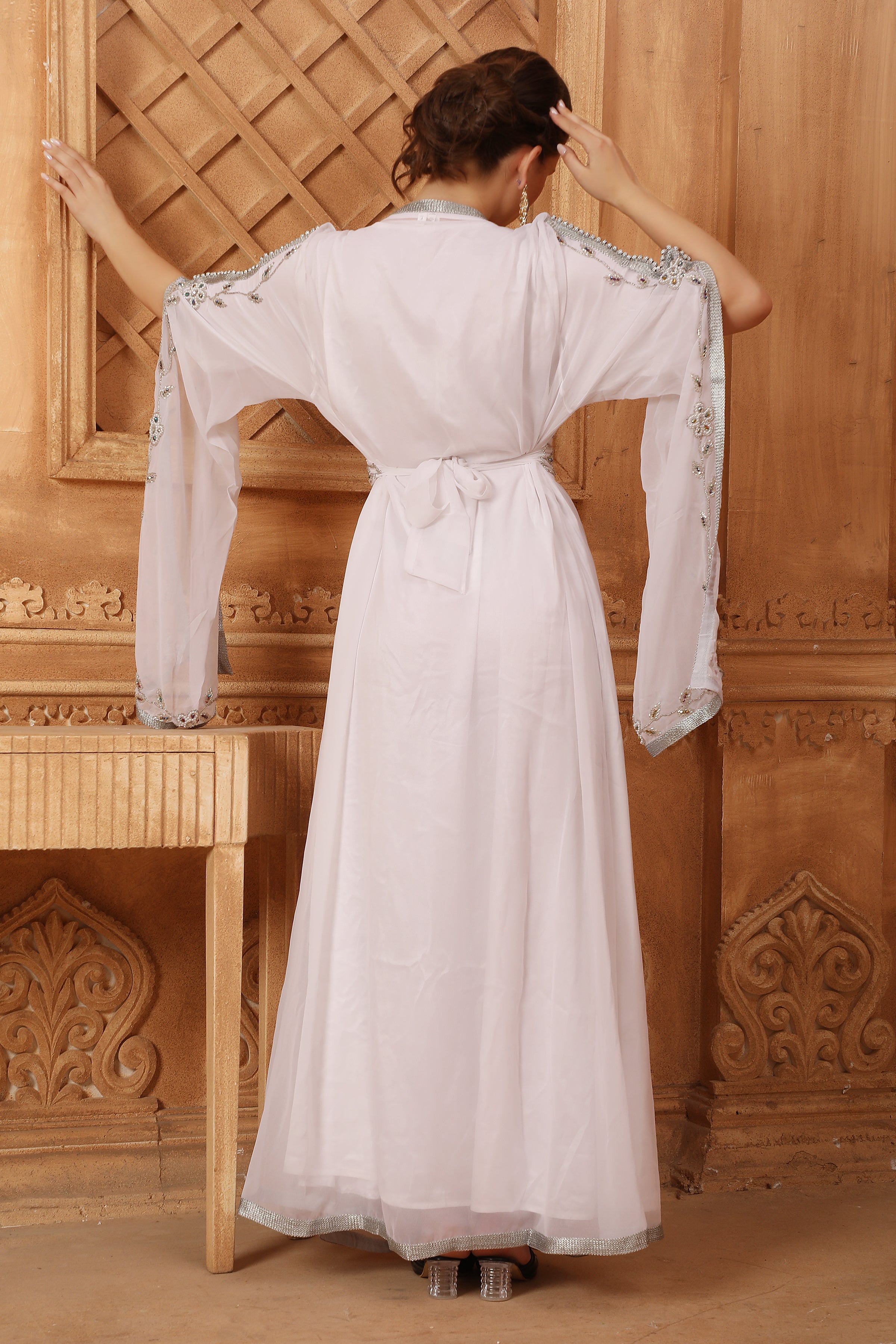 Back of Shifa Pink Moroccan Caftan With Hand Embroidery