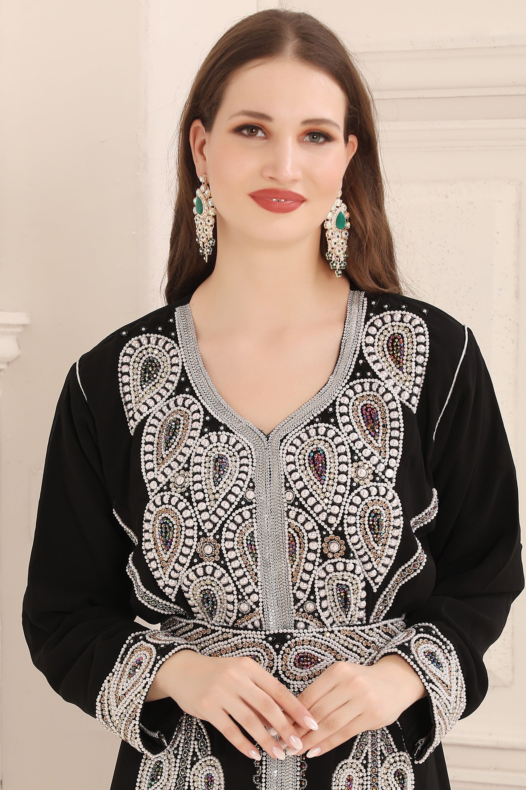 Closeup of Soma Black Moroccan Caftan with Heavy Silver Embroidery