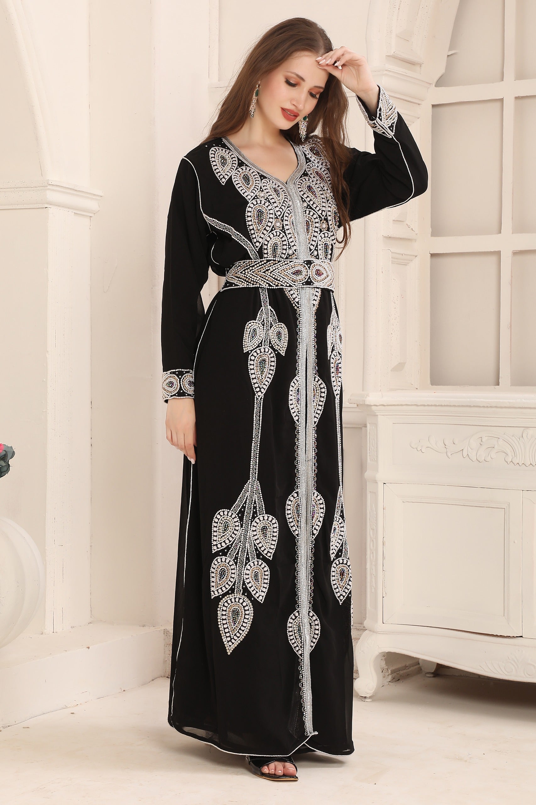 Women Wearing Soma Black Moroccan Caftan with Heavy Silver Embroidery