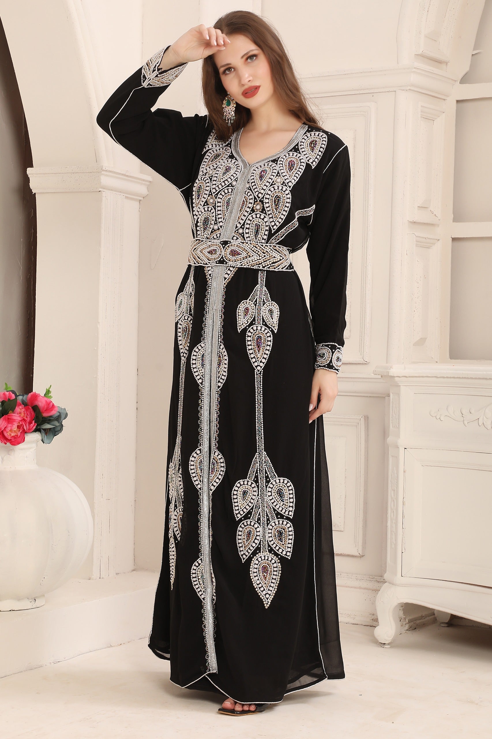 Soma Black Moroccan Caftan with Heavy Silver Embroidery