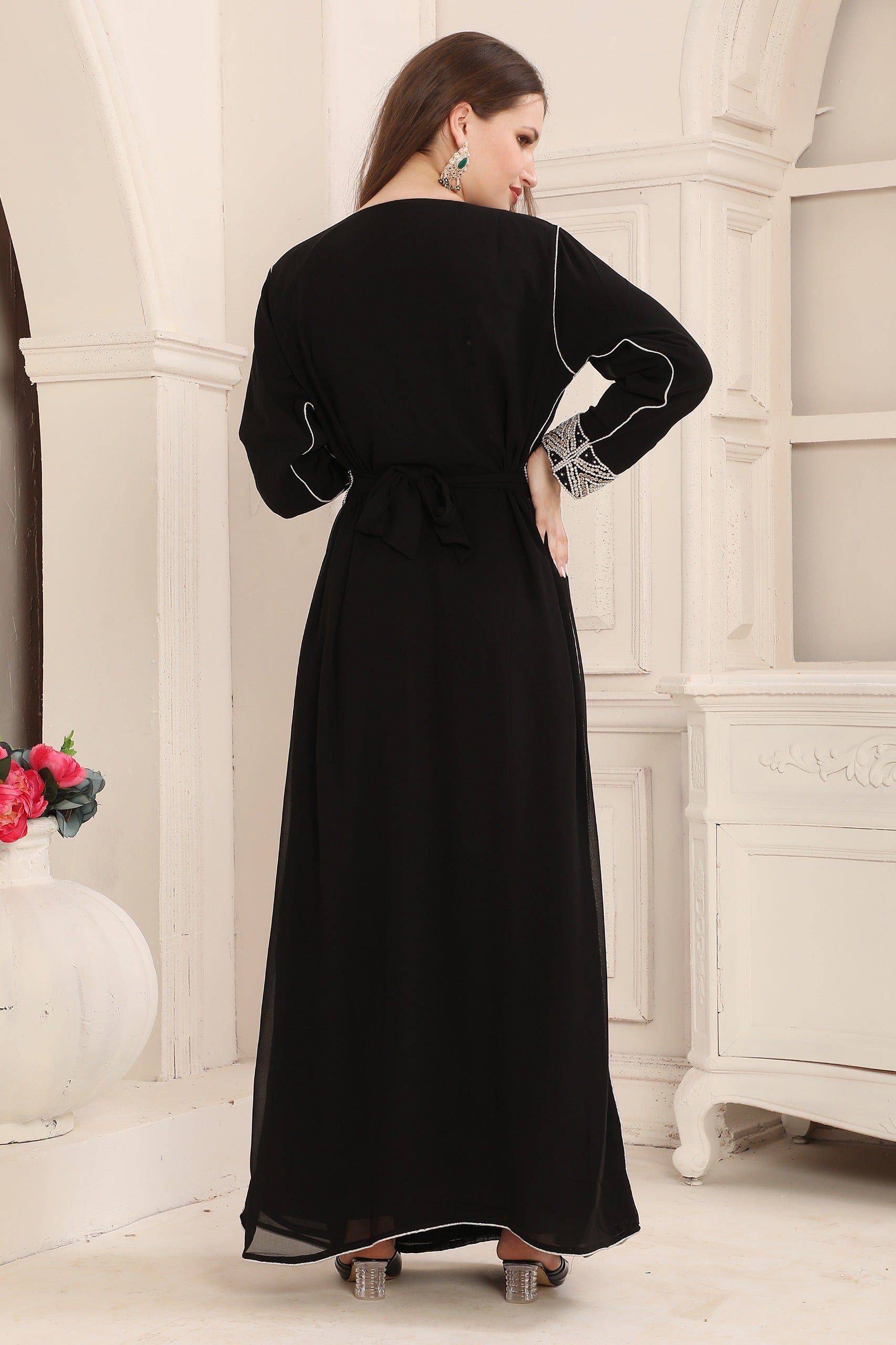 Back of Soma Black Moroccan Caftan with Heavy Silver Embroidery