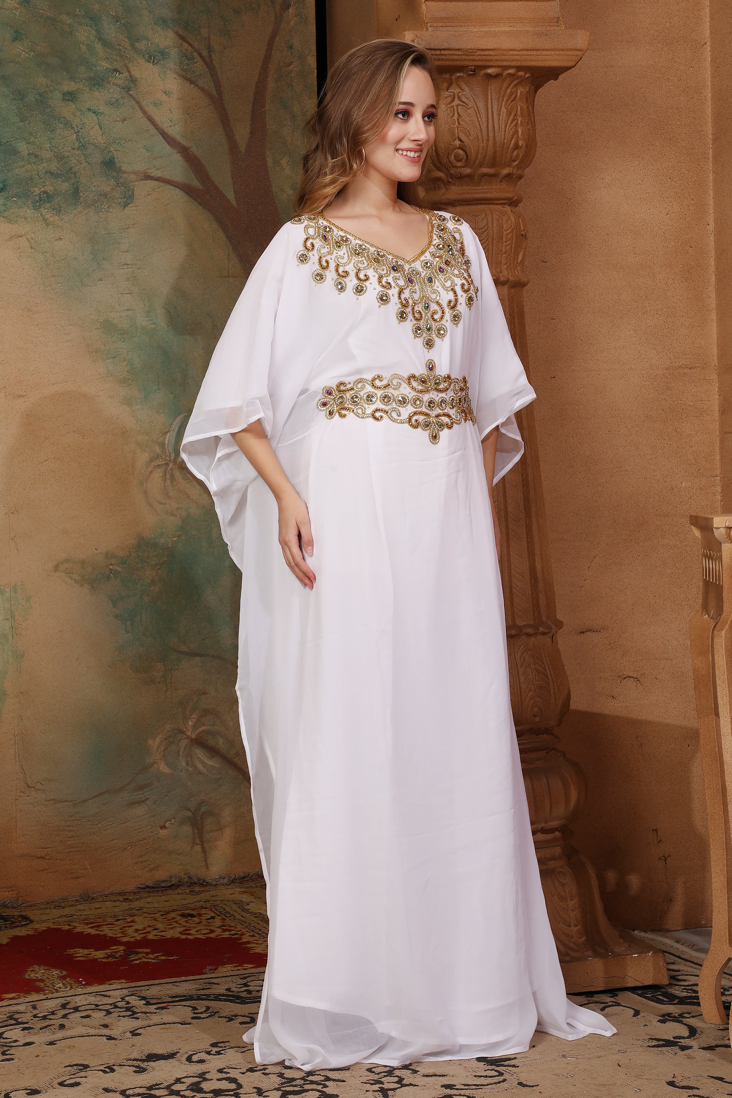 Side of Sophia White Farasha Kaftan With Hand Embroidery