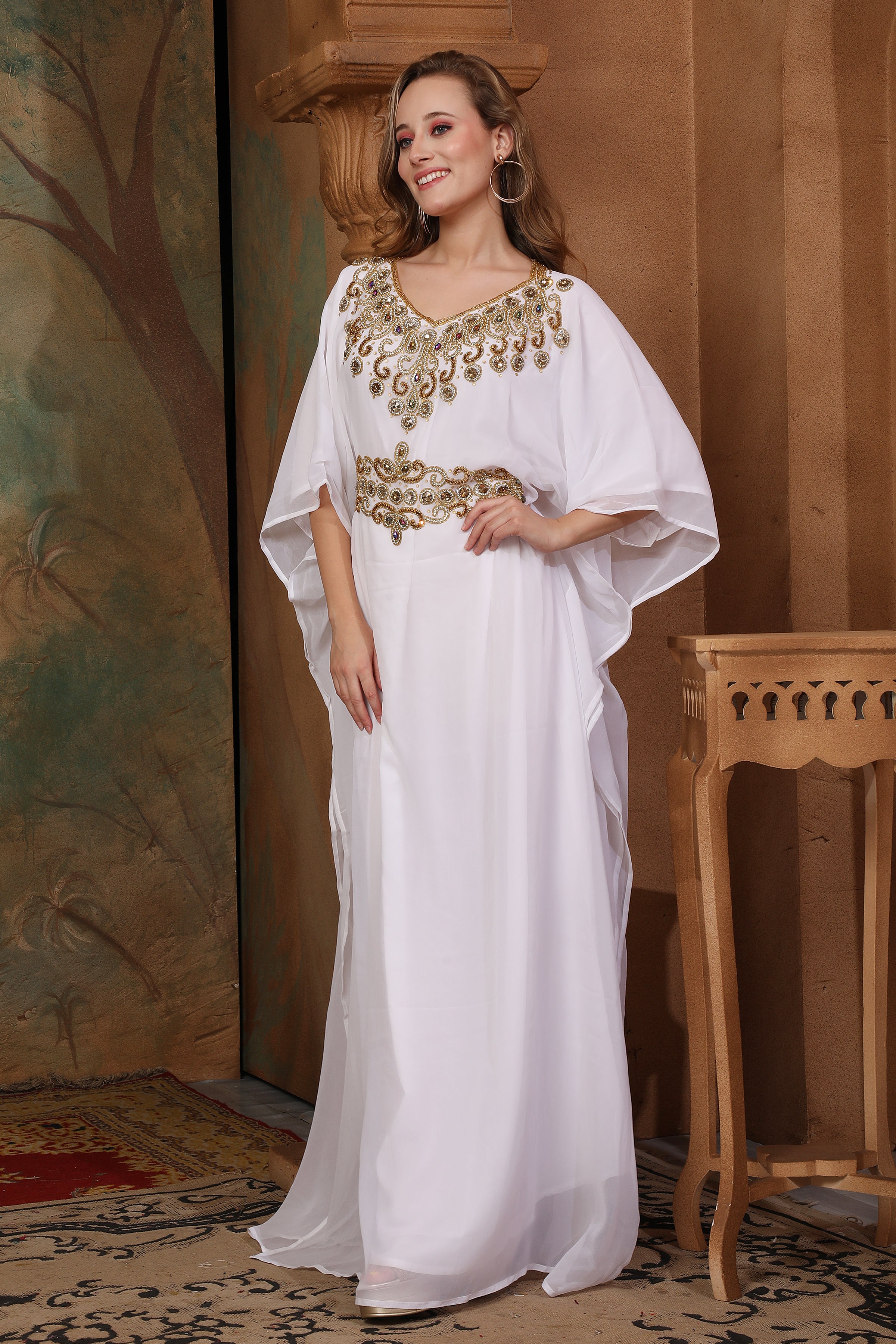 Side of Sophia White Farasha Kaftan With Hand Embroidery