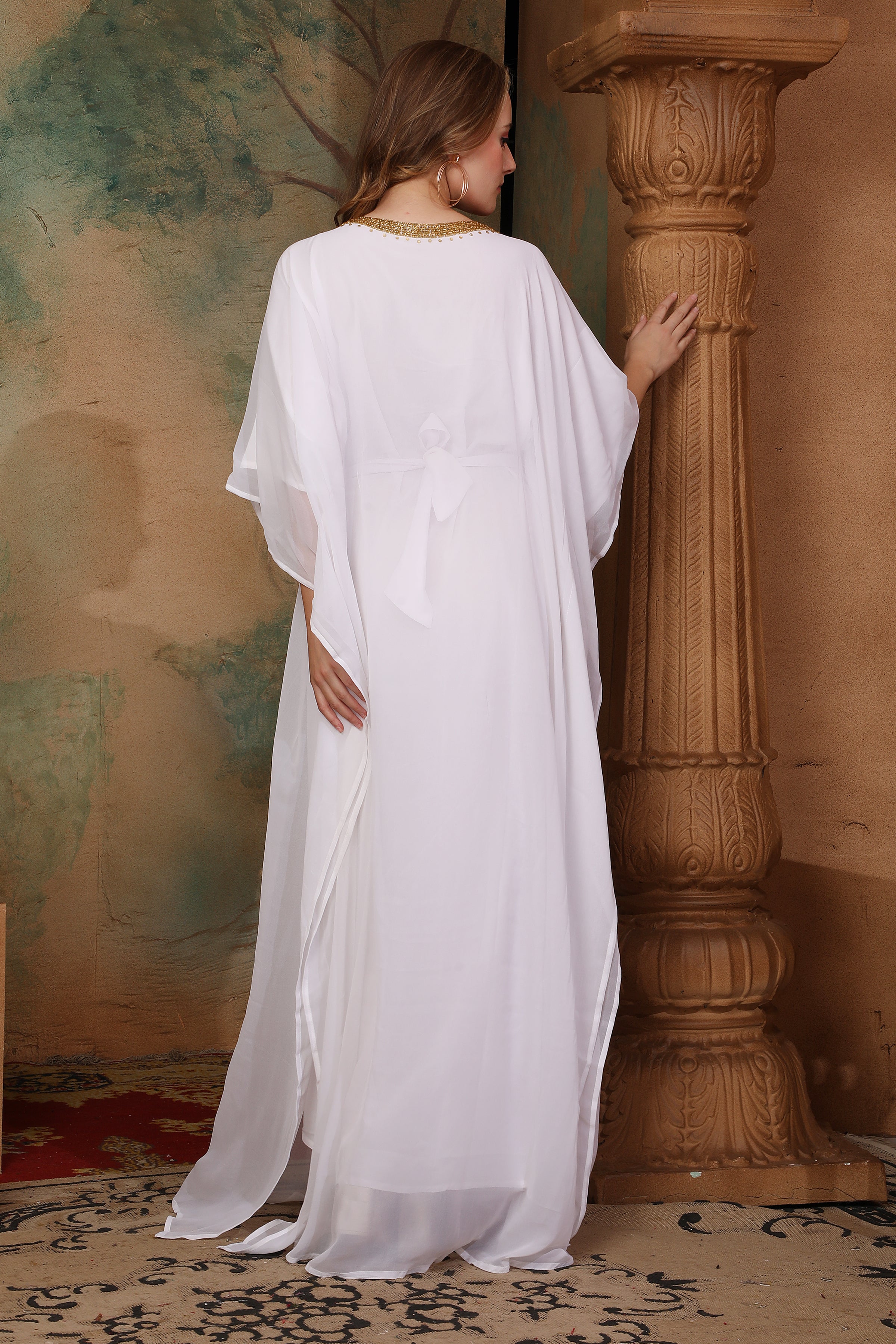 Back of Sophia White Farasha Kaftan With Hand Embroidery
