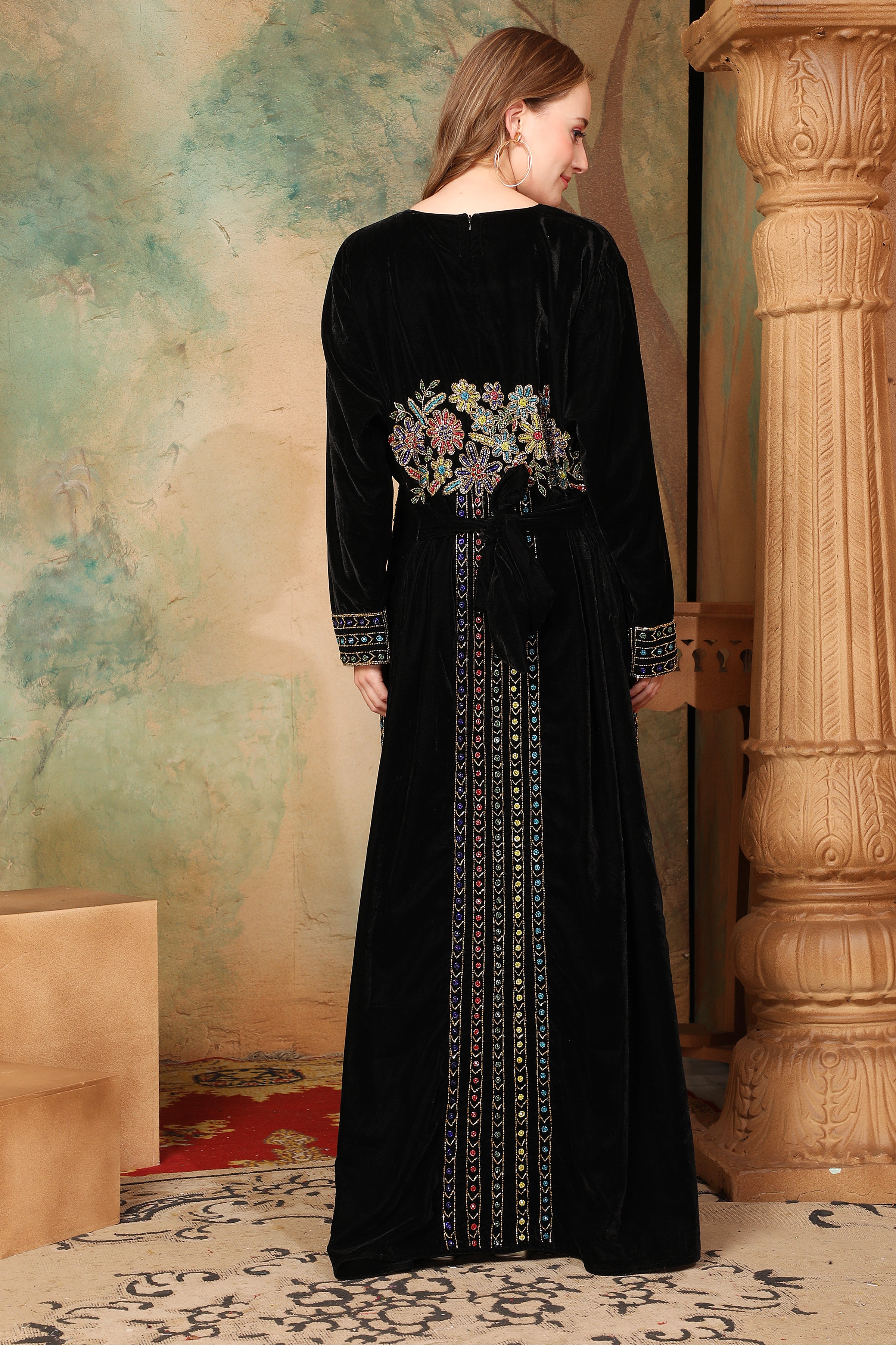 Back of Soumaya Black Velvet Embroidered Gown