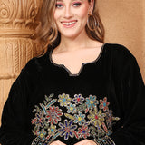 Closeup of Soumaya Black Velvet Embroidered Gown