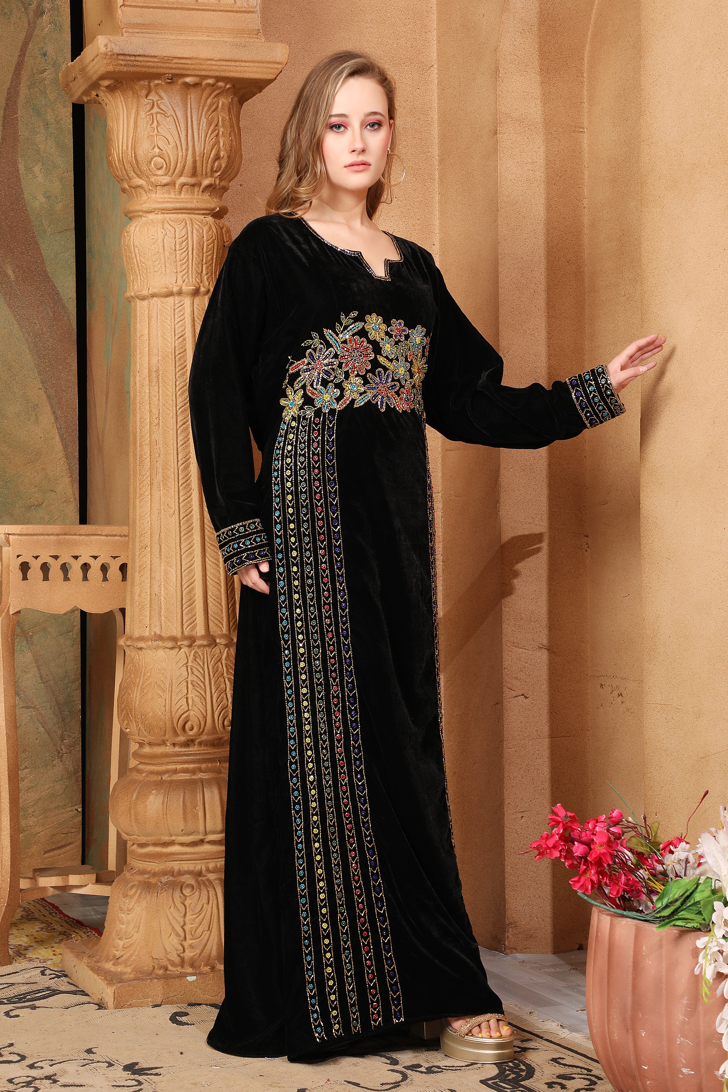Side of Soumaya Black Velvet Embroidered Gown