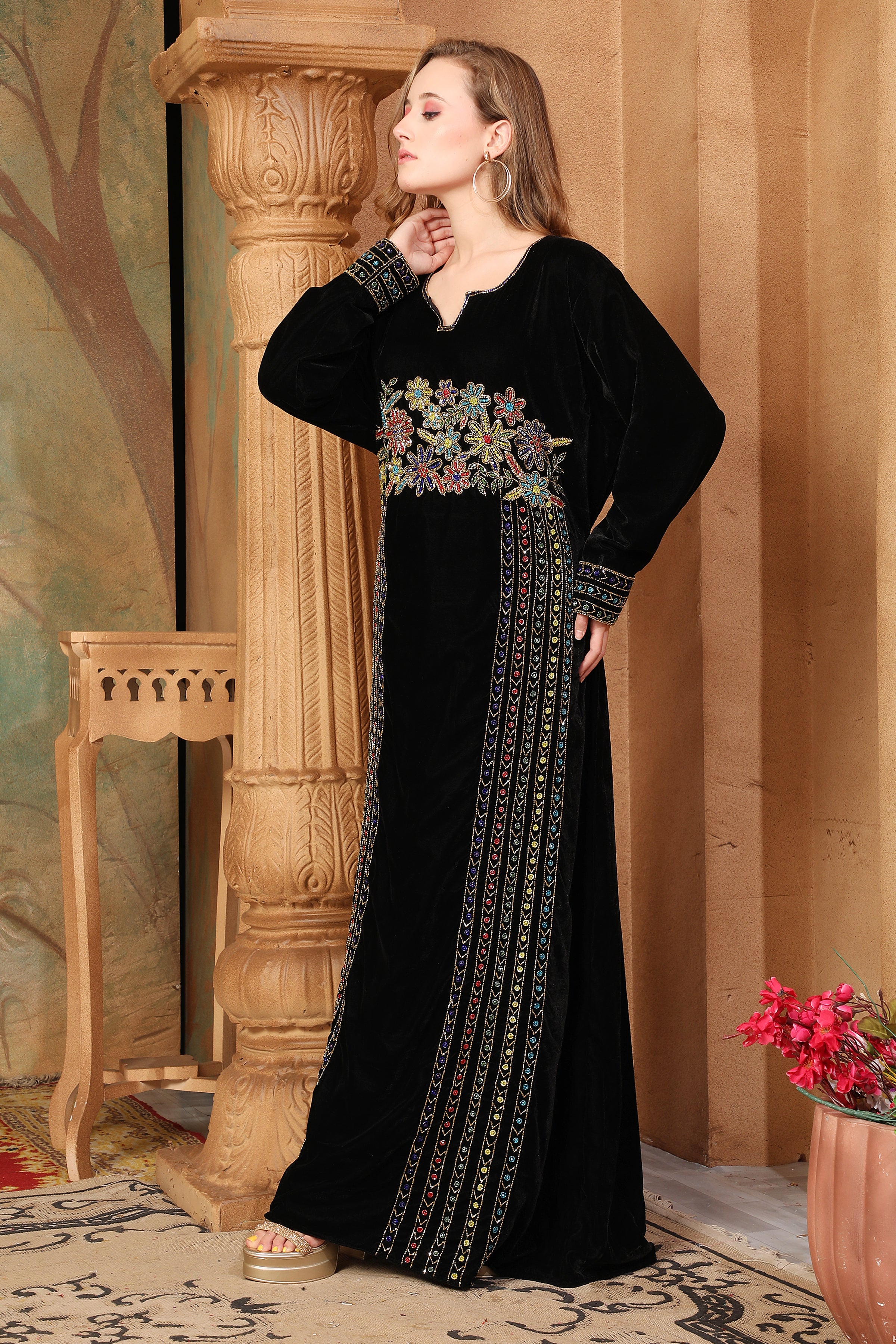 Side of Soumaya Black Velvet Embroidered Gown