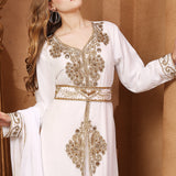 Closeup of Sultana White Moroccan Caftan With Hand Embroidery